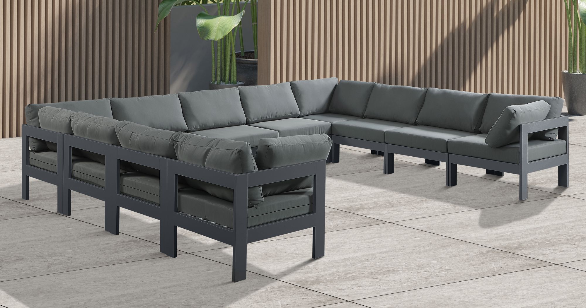 Nizuc 150" 11-Piece Outdoor Patio Waterproof Fabric Modular U-Shape Sectional with Dark Grey Aluminum Frame