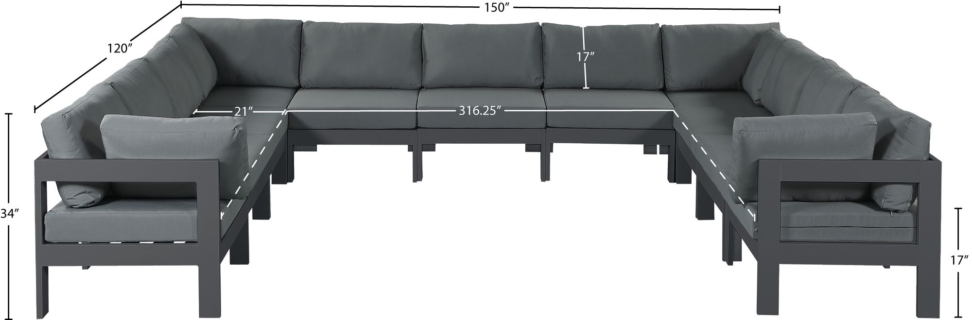 Nizuc 150" 11-Piece Outdoor Patio Waterproof Fabric Modular U-Shape Sectional with Dark Grey Aluminum Frame