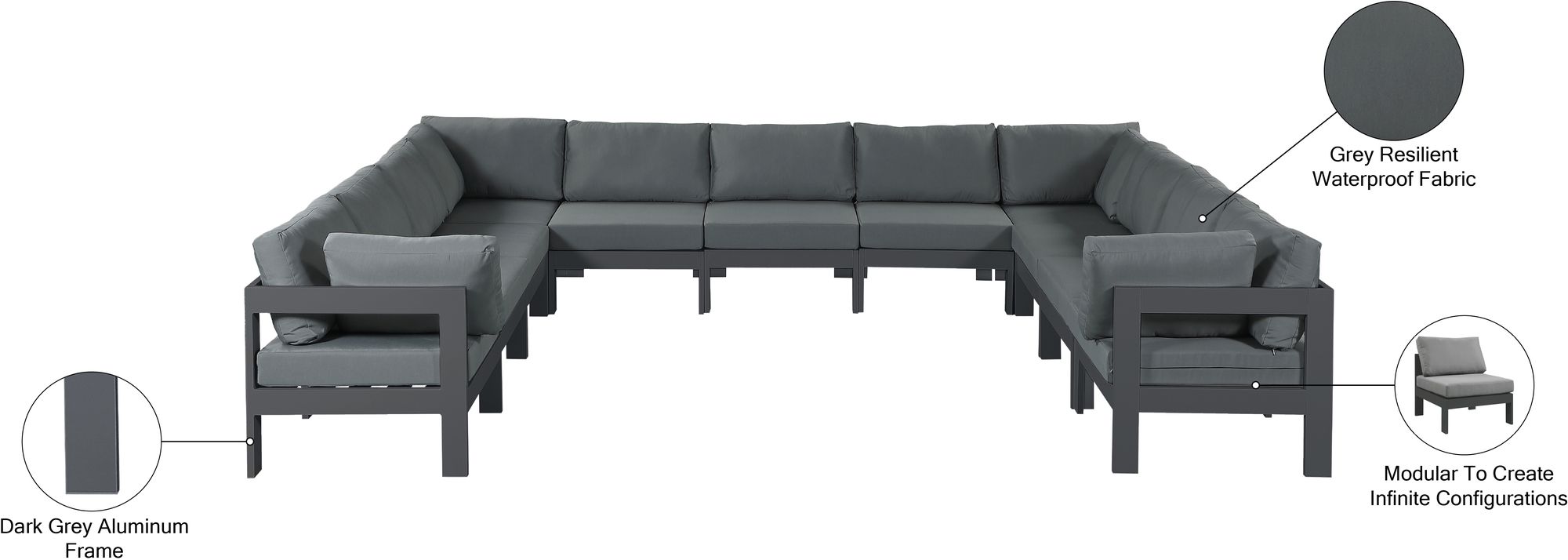 Nizuc 150" 11-Piece Outdoor Patio Waterproof Fabric Modular U-Shape Sectional with Dark Grey Aluminum Frame