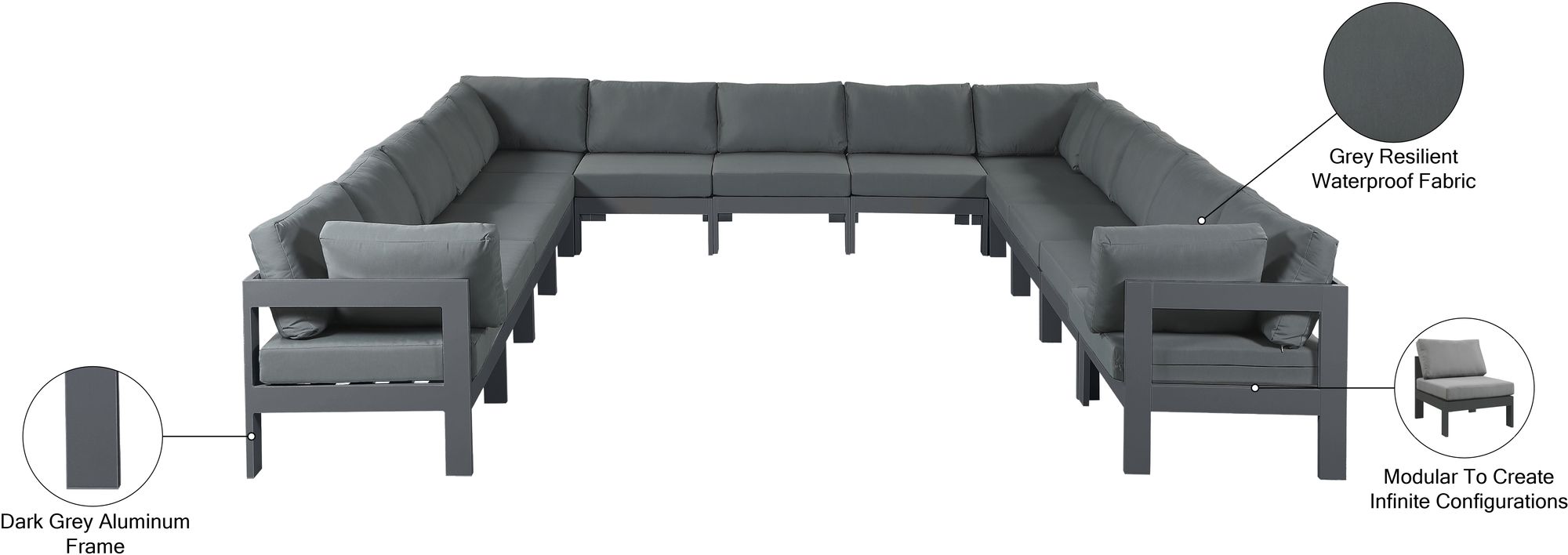 Nizuc 150" 13-Piece Outdoor Patio Waterproof Fabric Modular U-Shape Sectional with Dark Grey Aluminum Frame