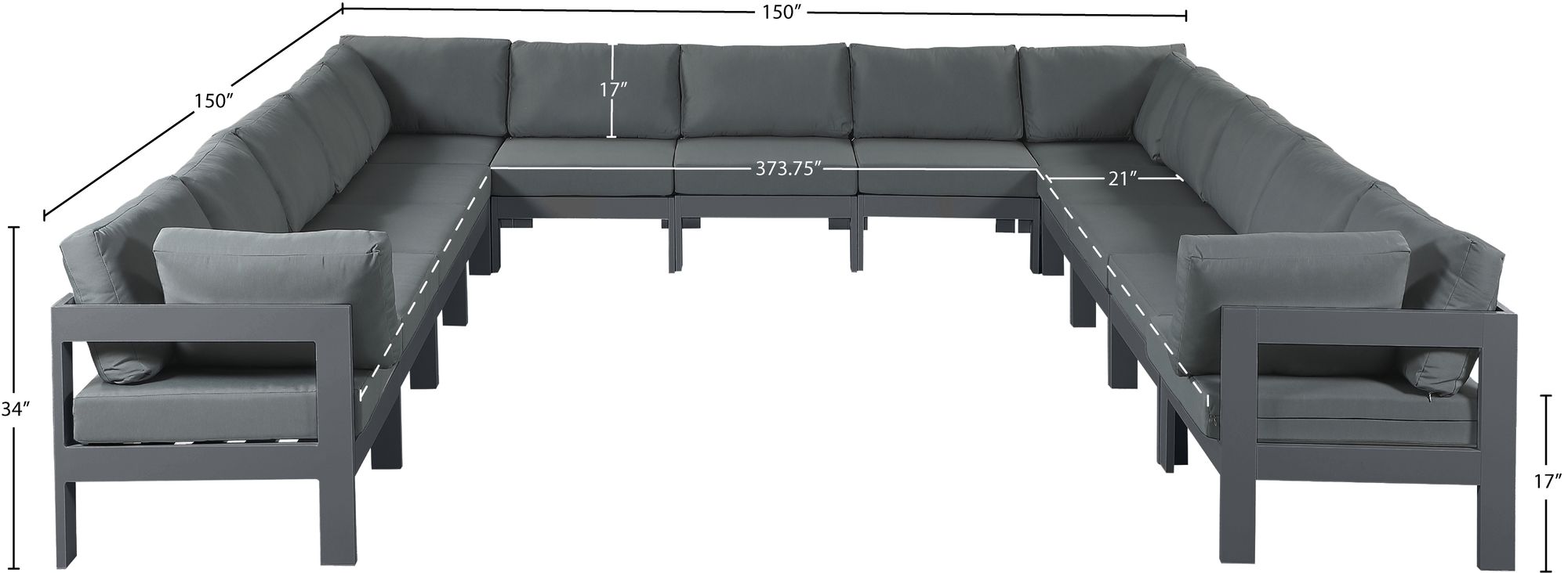 Nizuc 150" 13-Piece Outdoor Patio Waterproof Fabric Modular U-Shape Sectional with Aluminum Frame