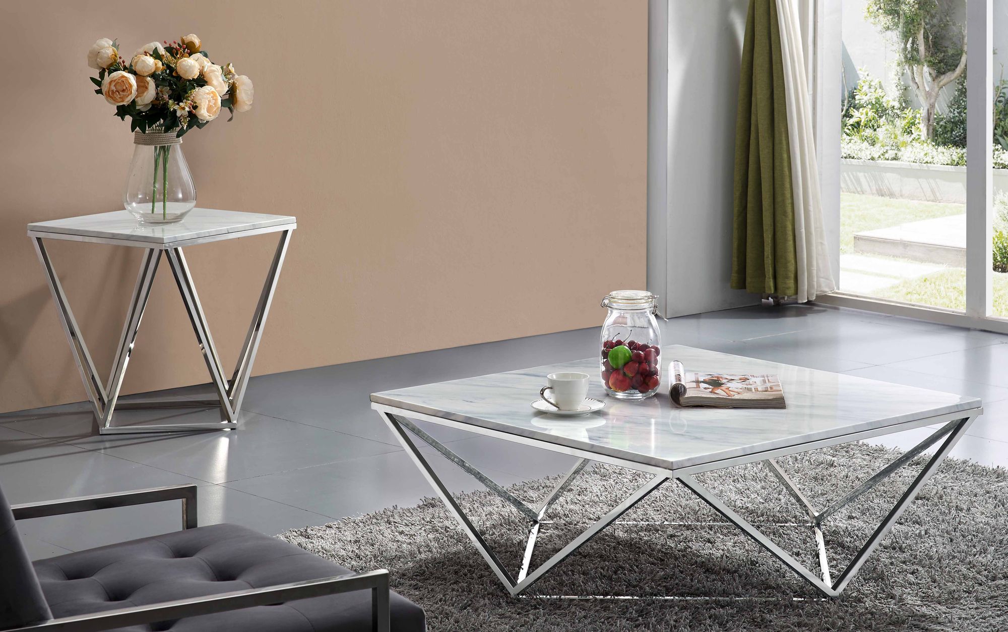 Skyler 36" Square Marble Coffee Table with Chrome Stainless Steel Base