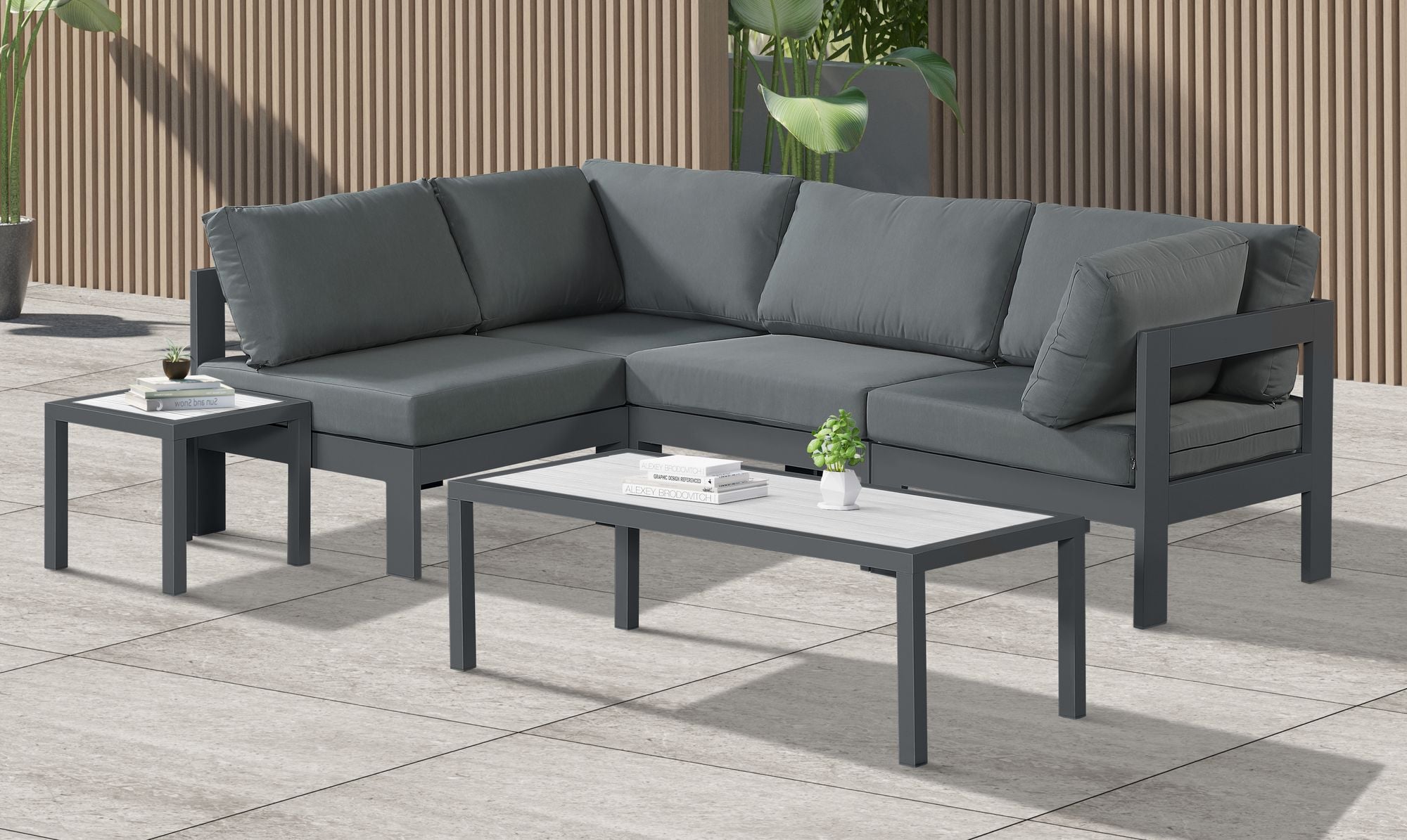 Nizuc 90" 4-Piece Outdoor Patio Waterproof Fabric Modular Sectional with Dark Grey Aluminum Frame
