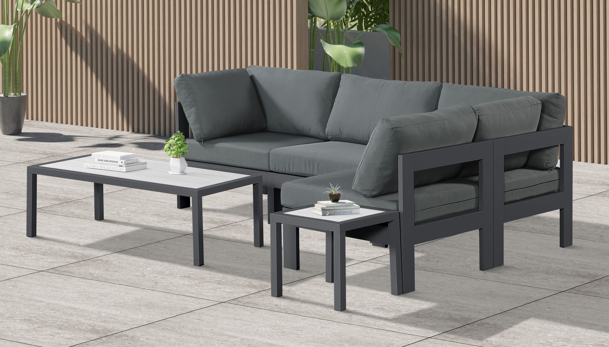 Nizuc 90" 4-Piece Outdoor Patio Waterproof Fabric Modular Sectional with Dark Grey Aluminum Frame