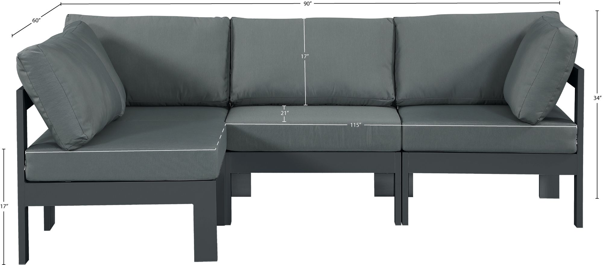 Nizuc 90" 4-Piece Outdoor Patio Waterproof Fabric Modular Sectional with Dark Grey Aluminum Frame