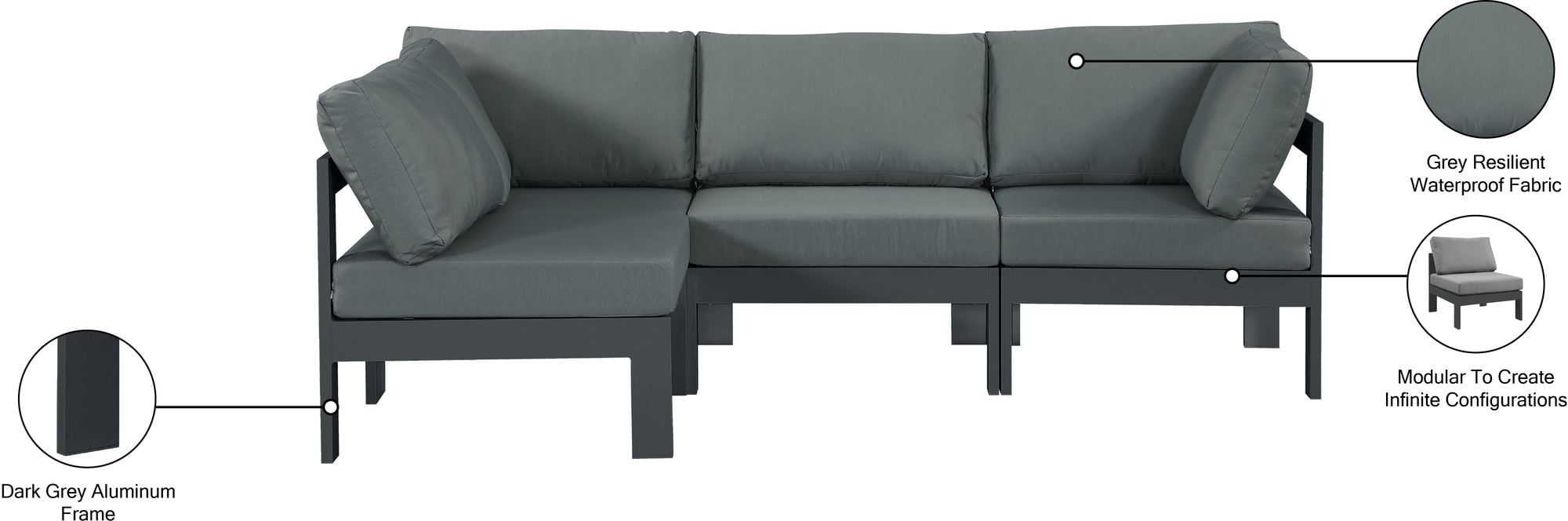 Nizuc 90" 4-Piece Outdoor Patio Waterproof Fabric Modular Sectional with Dark Grey Aluminum Frame