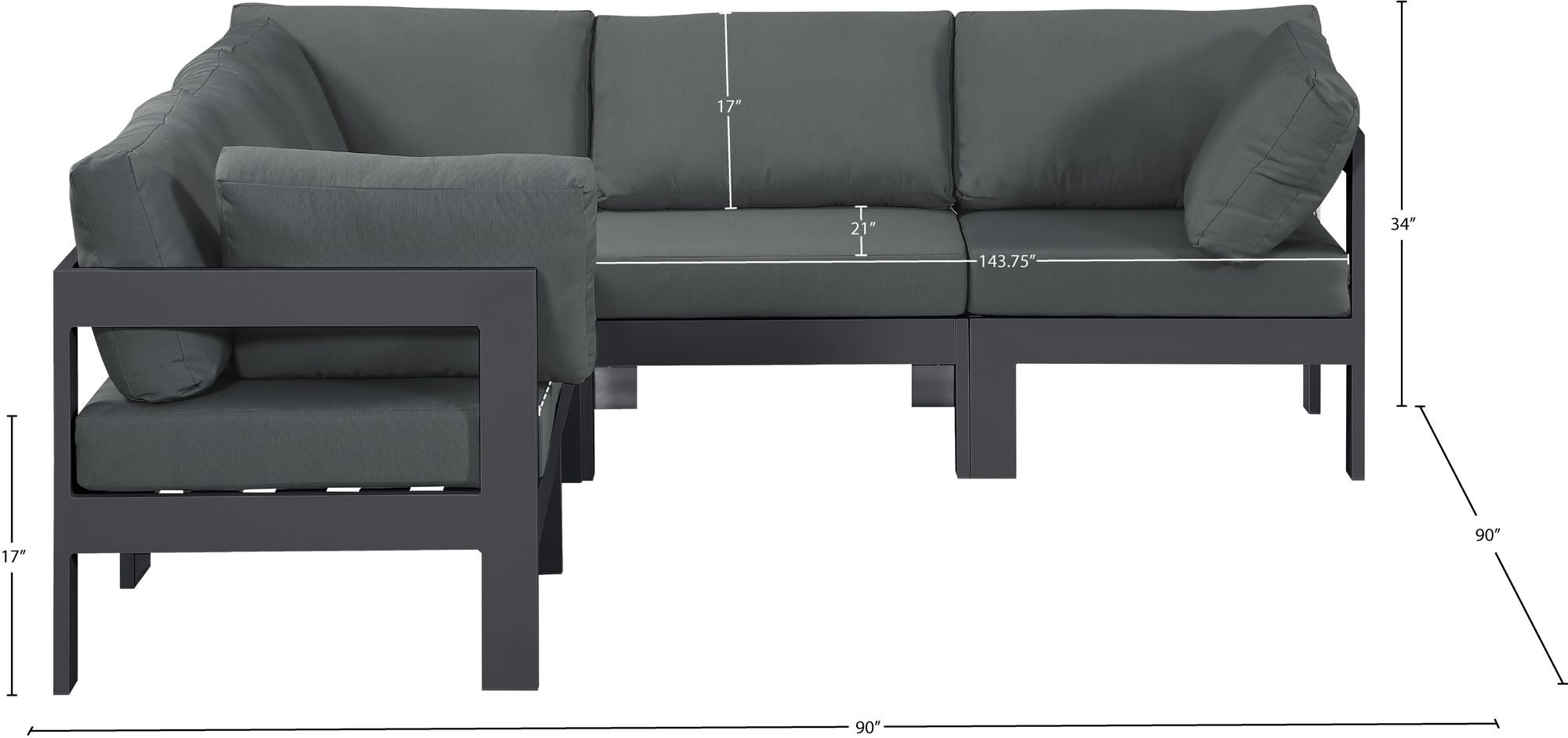 Nizuc 90" 5-Piece Outdoor Patio Waterproof Fabric Modular Sectional with Dark Grey Aluminum Frame