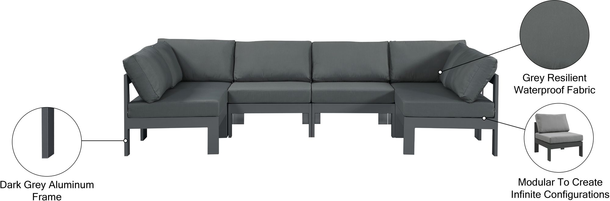 Nizuc 120" 6-Piece Outdoor Patio Waterproof Fabric Modular U-Shape Sectional with Dark Grey Aluminum Frame