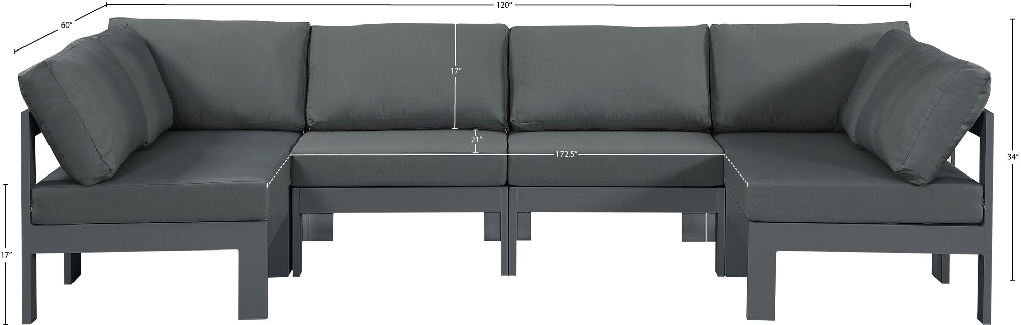 Nizuc 120" 6-Piece Outdoor Patio Waterproof Fabric Modular U-Shape Sectional with Aluminum Frame
