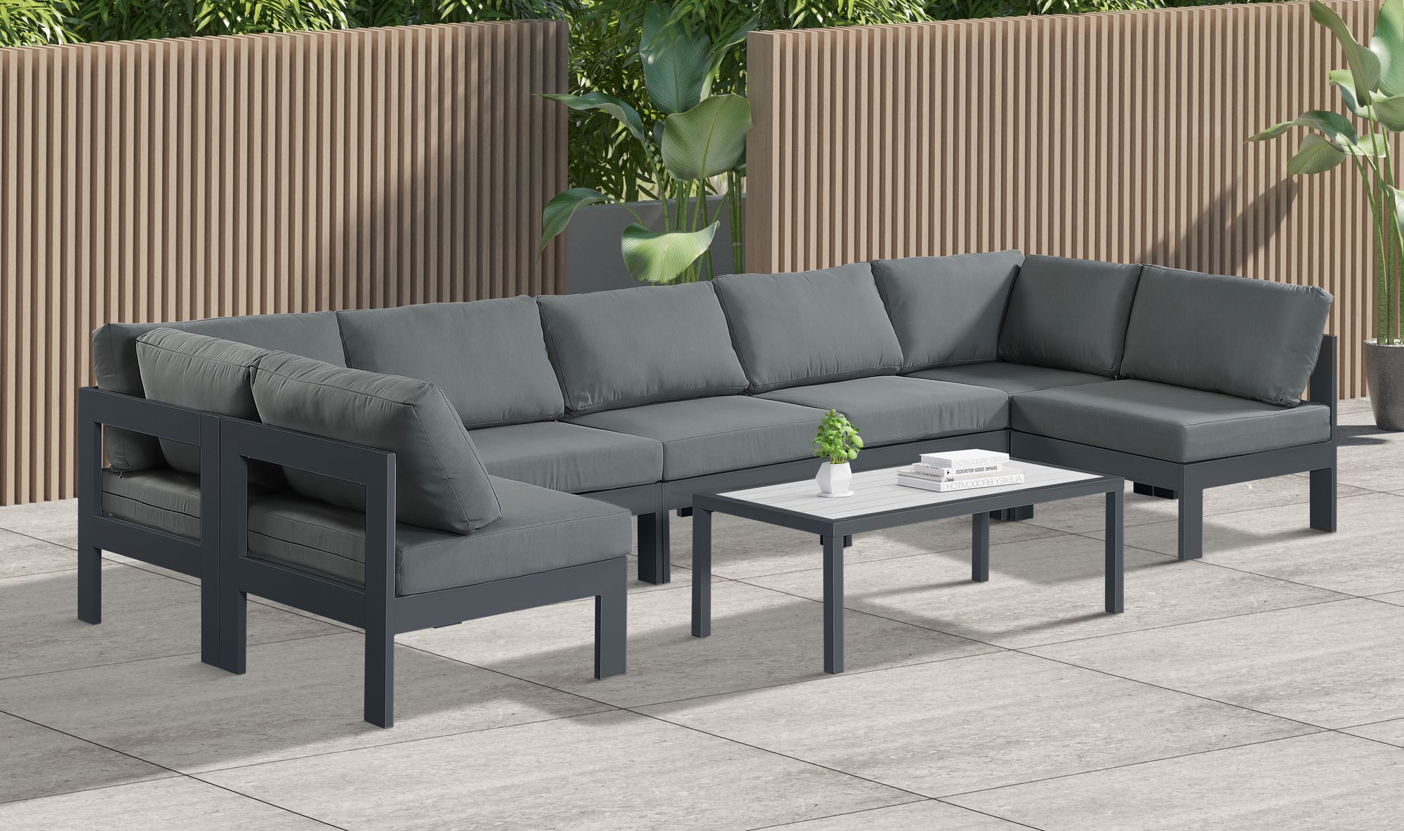 Nizuc 150" 7-Piece Outdoor Patio Waterproof Fabric Modular U-Shape Sectional with Dark Grey Aluminum Frame