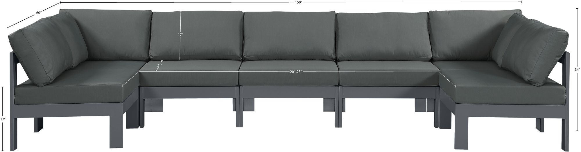 Nizuc 150" 7-Piece Outdoor Patio Waterproof Fabric Modular U-Shape Sectional with Dark Grey Aluminum Frame