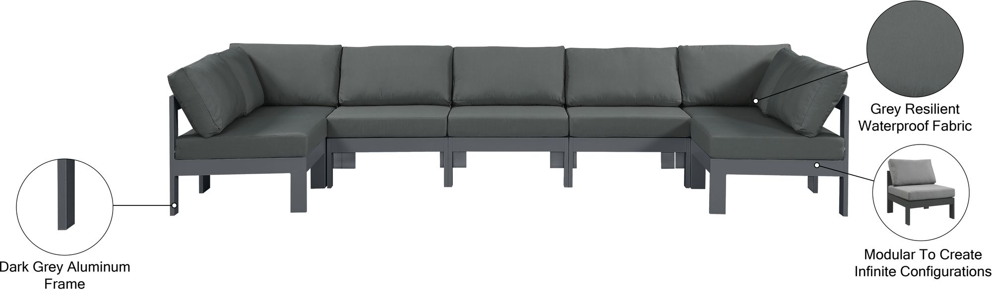 Nizuc 150" 7-Piece Outdoor Patio Waterproof Fabric Modular U-Shape Sectional with Aluminum Frame
