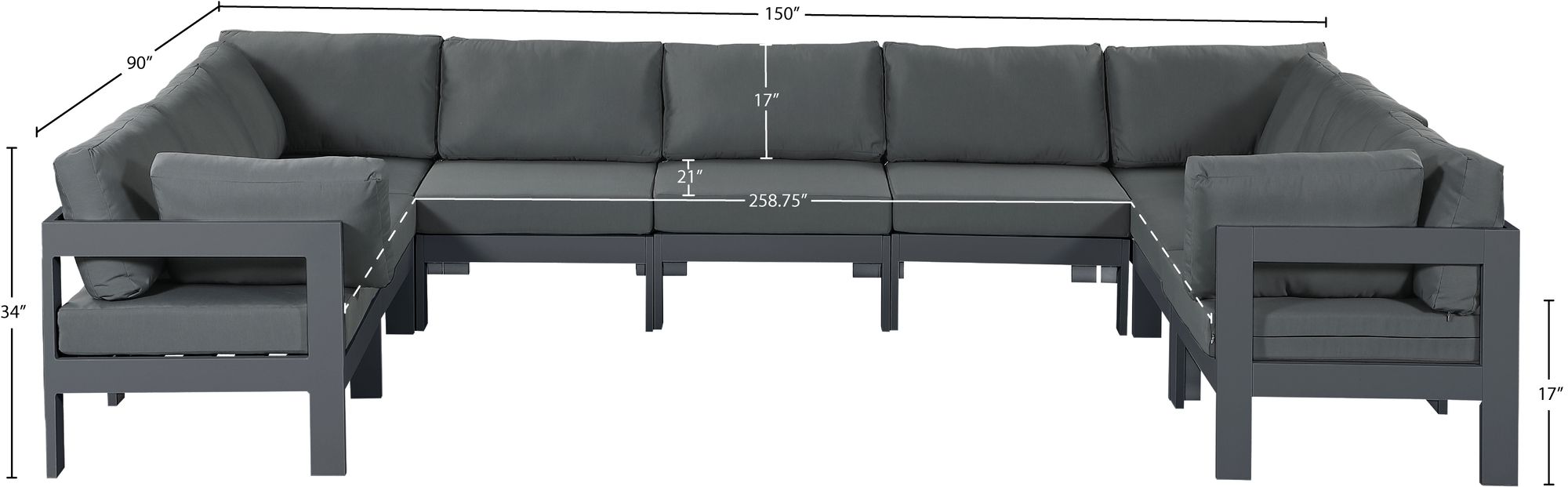 Nizuc 150" 9-Piece Outdoor Patio Waterproof Fabric Modular U-Shape Sectional with Dark Grey Aluminum Frame