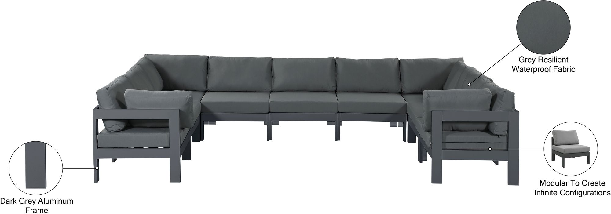 Nizuc 150" 9-Piece Outdoor Patio Waterproof Fabric Modular U-Shape Sectional with Dark Grey Aluminum Frame