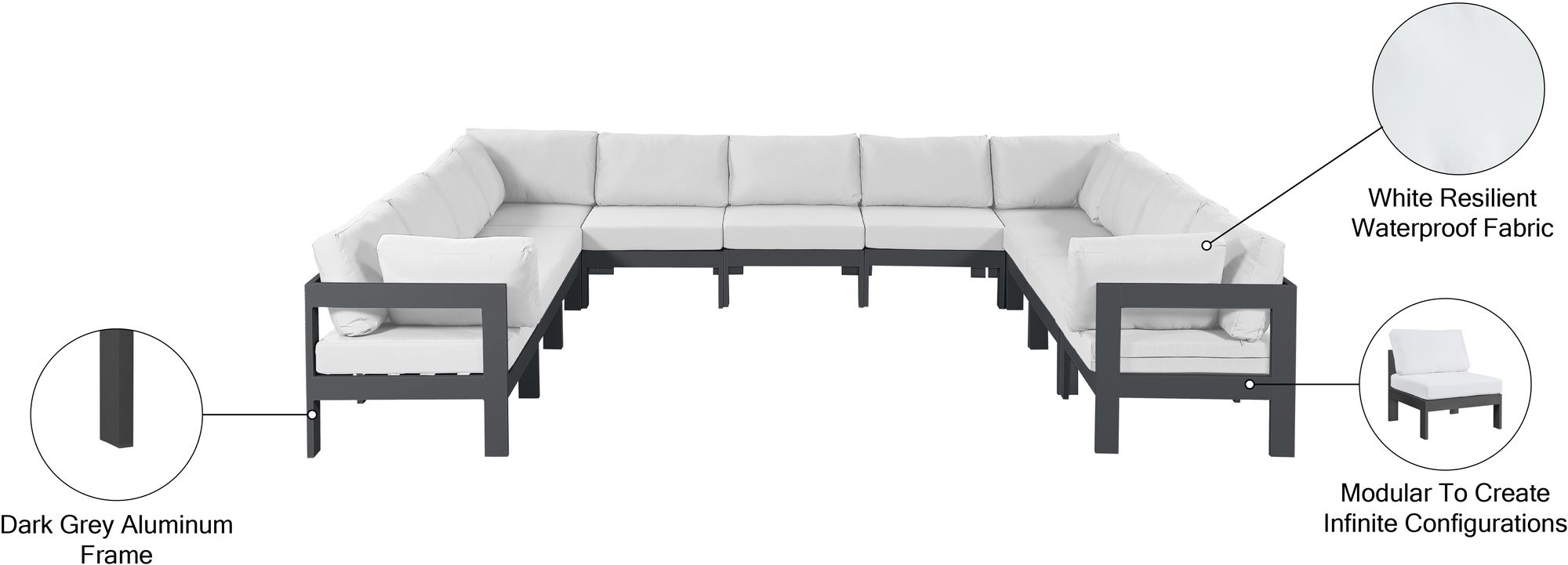 Nizuc 150" 11-Piece Outdoor Patio Waterproof Fabric Modular U-Shape Sectional with Dark Grey Aluminum Frame