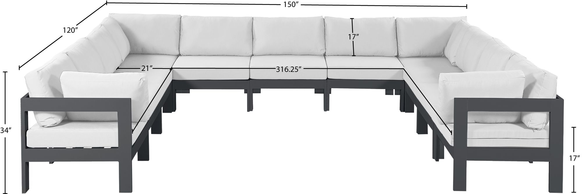 Nizuc 150" 11-Piece Outdoor Patio Waterproof Fabric Modular U-Shape Sectional with Dark Grey Aluminum Frame
