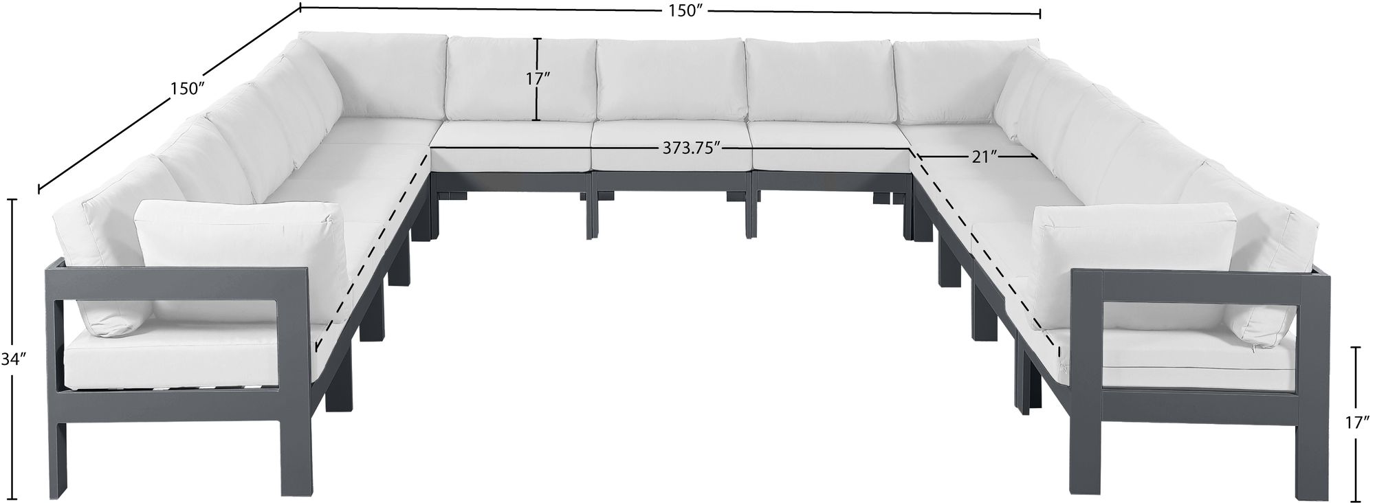 Nizuc 150" 13-Piece Outdoor Patio Waterproof Fabric Modular U-Shape Sectional with Dark Grey Aluminum Frame
