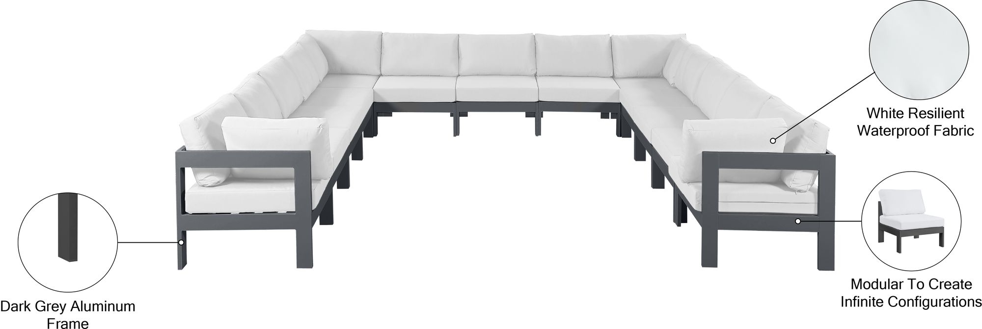 Nizuc 150" 13-Piece Outdoor Patio Waterproof Fabric Modular U-Shape Sectional with Aluminum Frame