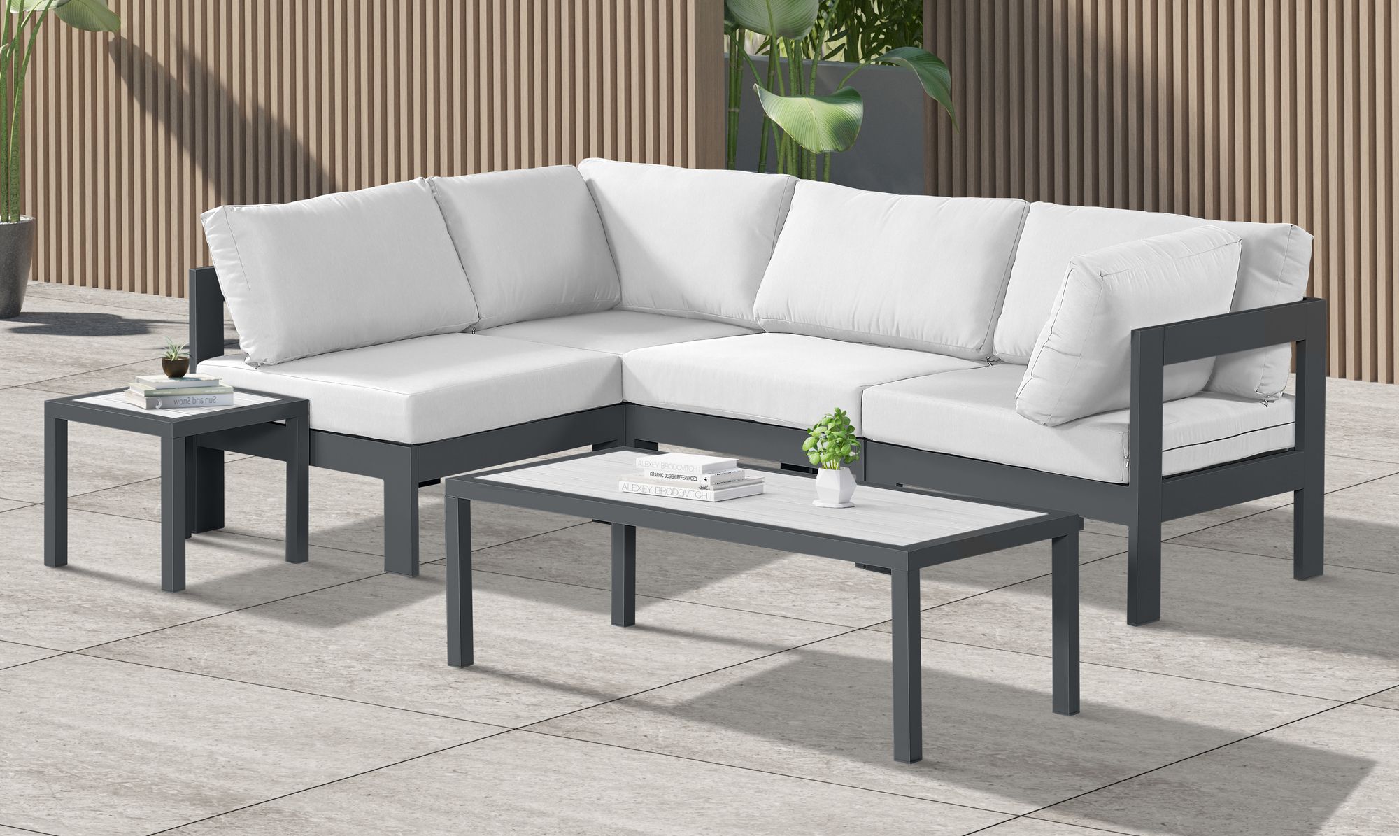 Nizuc 90" 4-Piece Outdoor Patio Waterproof Fabric Modular Sectional with Dark Grey Aluminum Frame