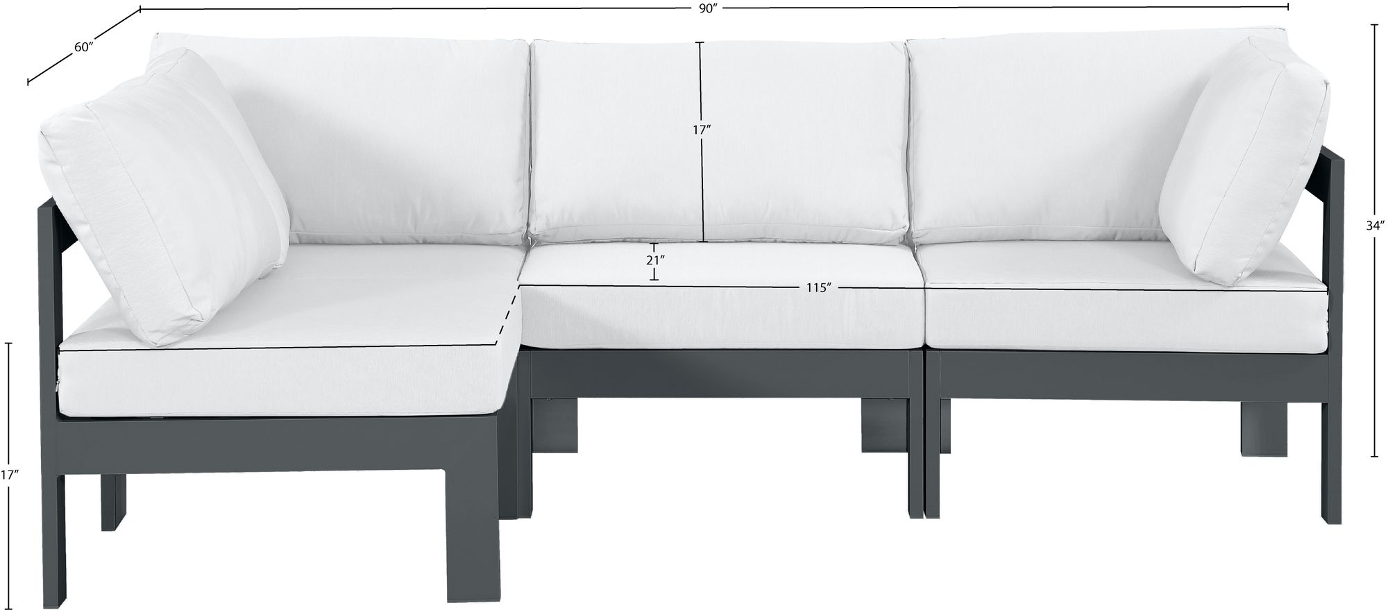 Nizuc 90" 4-Piece Outdoor Patio Waterproof Fabric Modular Sectional with Dark Grey Aluminum Frame
