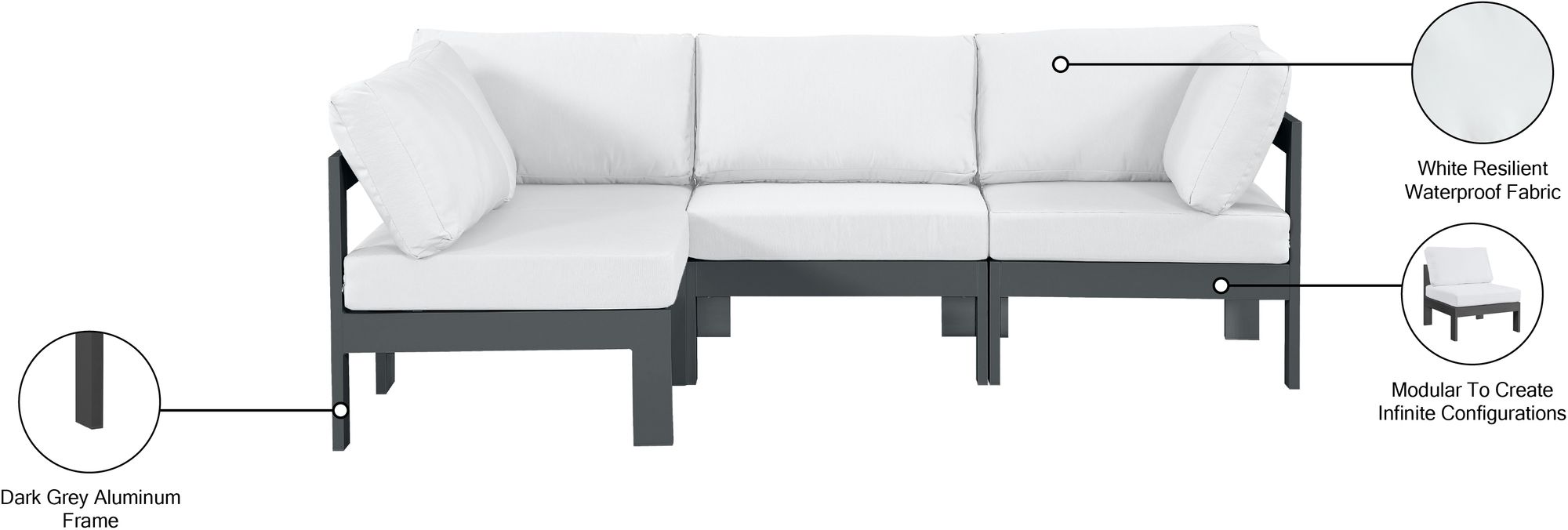 Nizuc 90" 4-Piece Outdoor Patio Waterproof Fabric Modular Sectional with Dark Grey Aluminum Frame