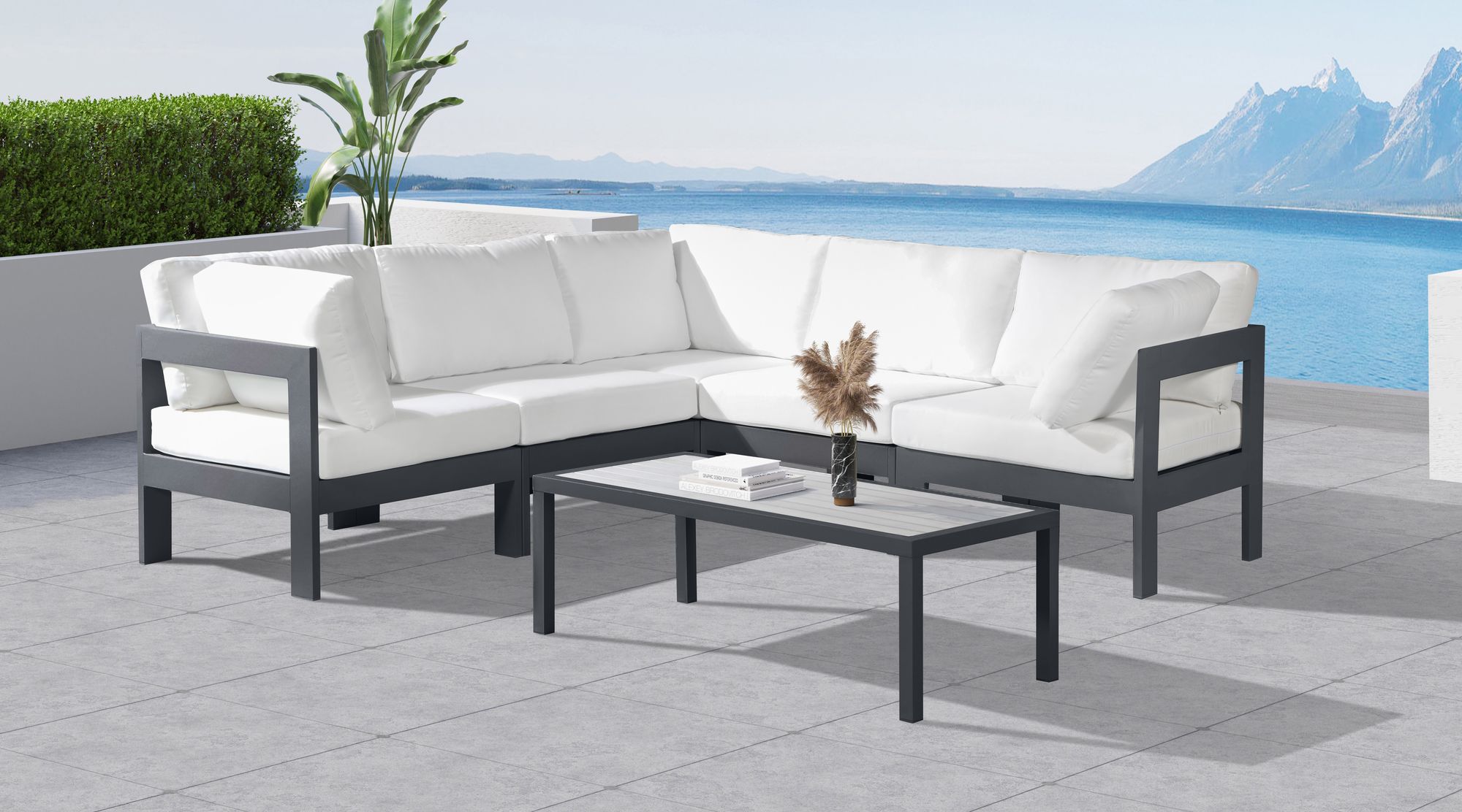 Nizuc 90" 5-Piece Outdoor Patio Waterproof Fabric Modular Sectional with Dark Grey Aluminum Frame