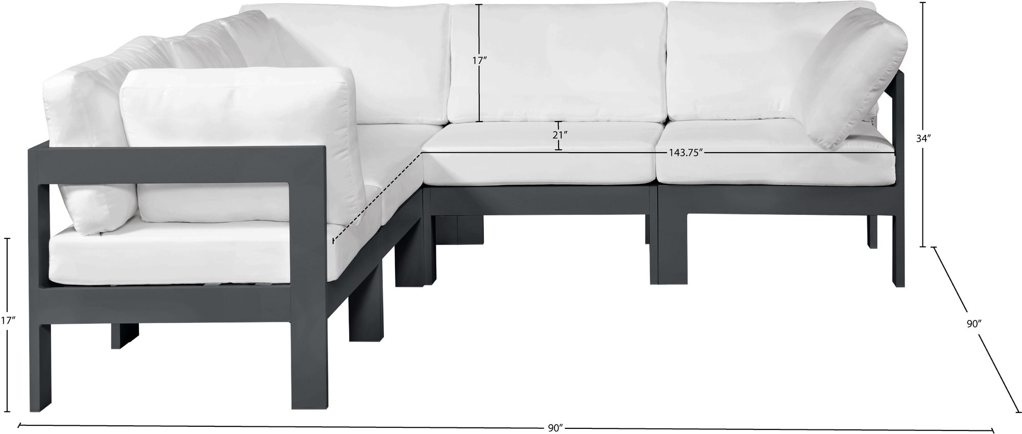 Nizuc 90" 5-Piece Outdoor Patio Waterproof Fabric Modular Sectional with Dark Grey Aluminum Frame