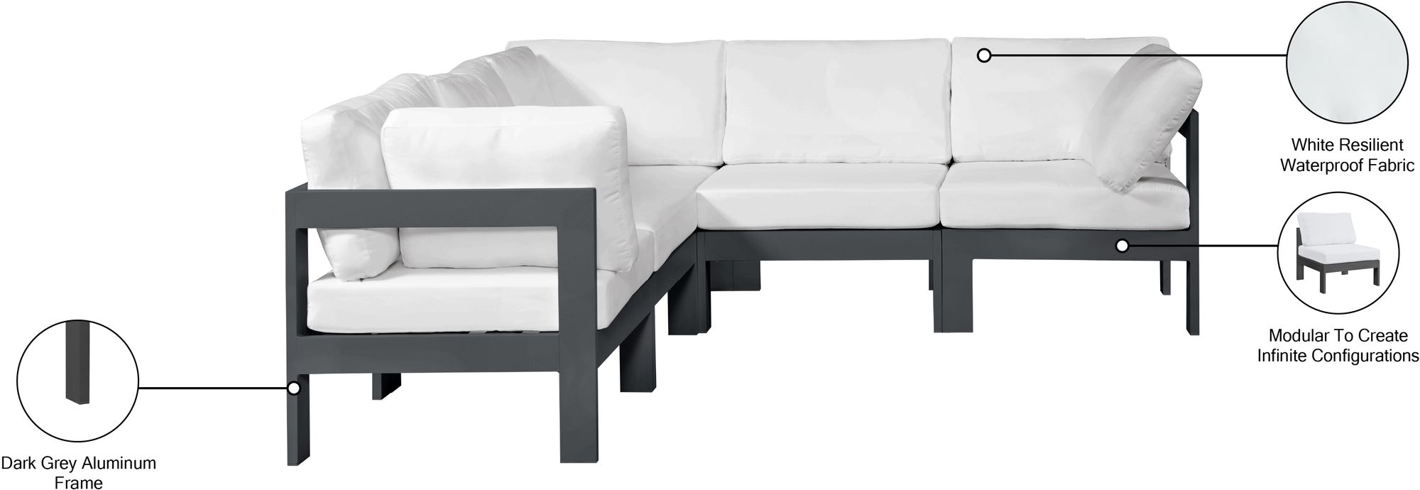 Nizuc 90" 5-Piece Outdoor Patio Waterproof Fabric Modular Sectional with Dark Grey Aluminum Frame