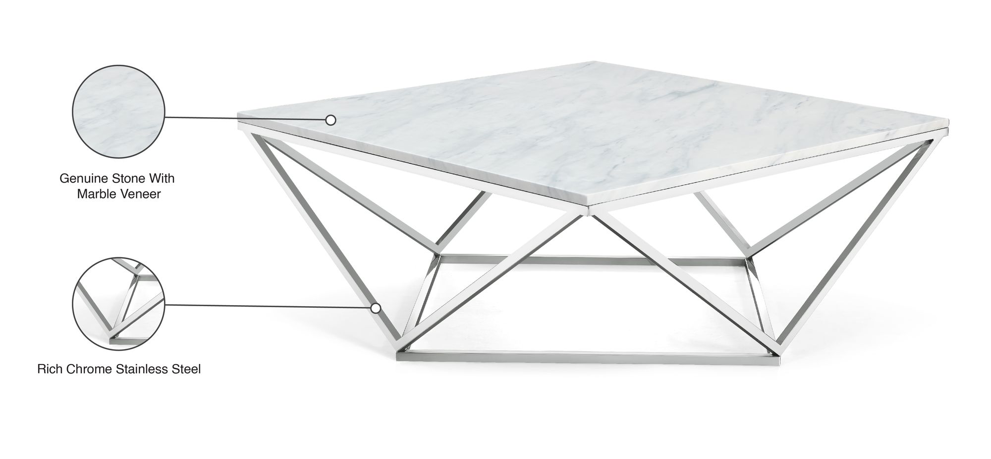 Skyler 36" Square Marble Coffee Table with Chrome Stainless Steel Base