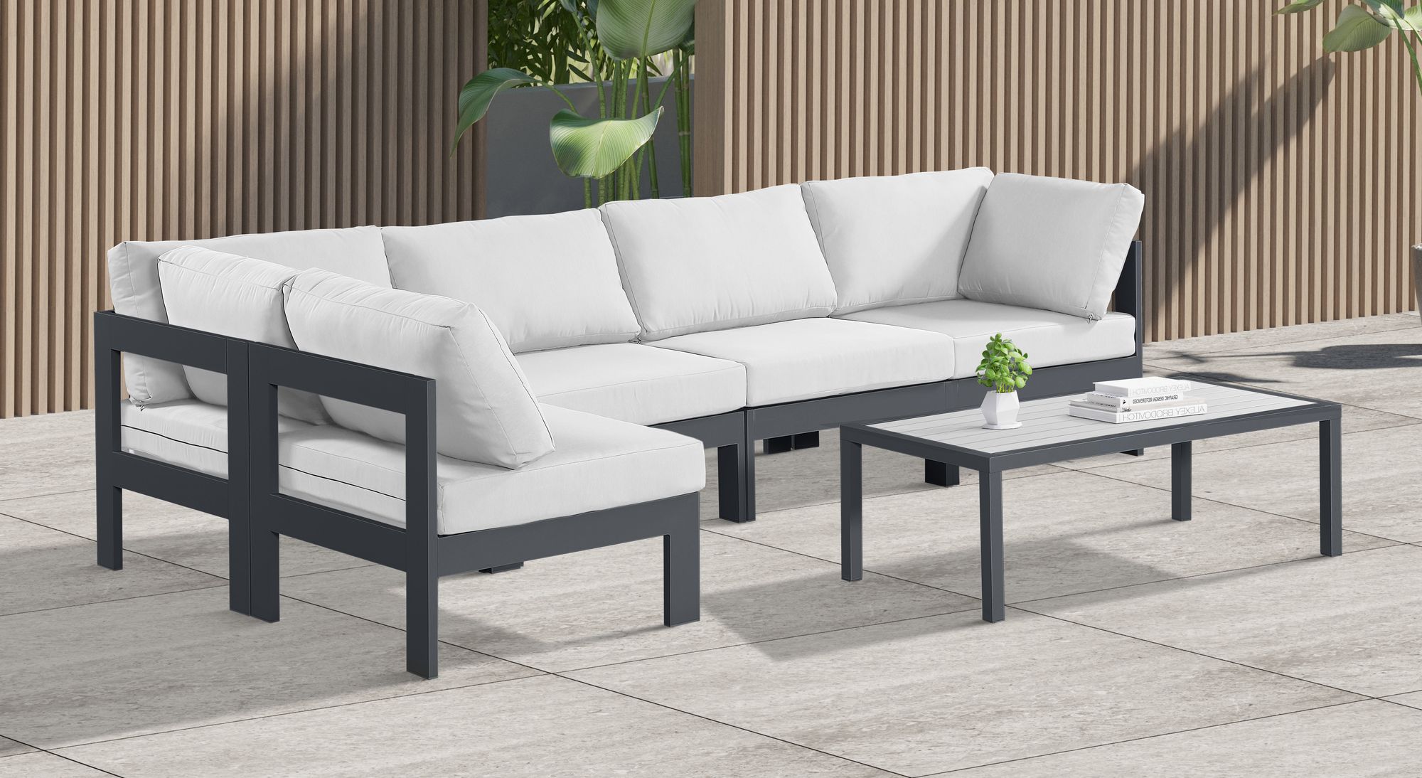 Nizuc 120" 5-Piece Outdoor Patio Waterproof Fabric Modular Sectional with Dark Grey Aluminum Frame