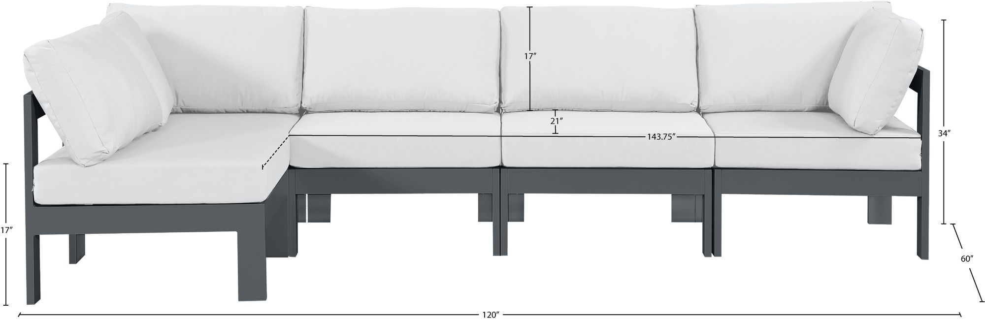 Nizuc 120" 5-Piece Outdoor Patio Waterproof Fabric Modular Sectional with Dark Grey Aluminum Frame