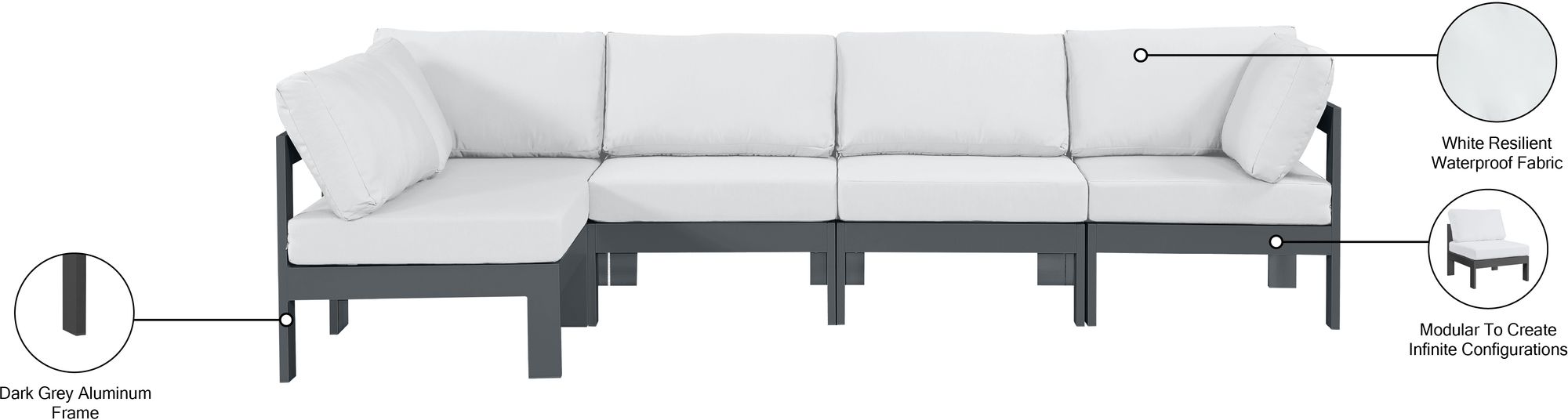 Nizuc 120" 5-Piece Outdoor Patio Waterproof Fabric Modular Sectional with Dark Grey Aluminum Frame
