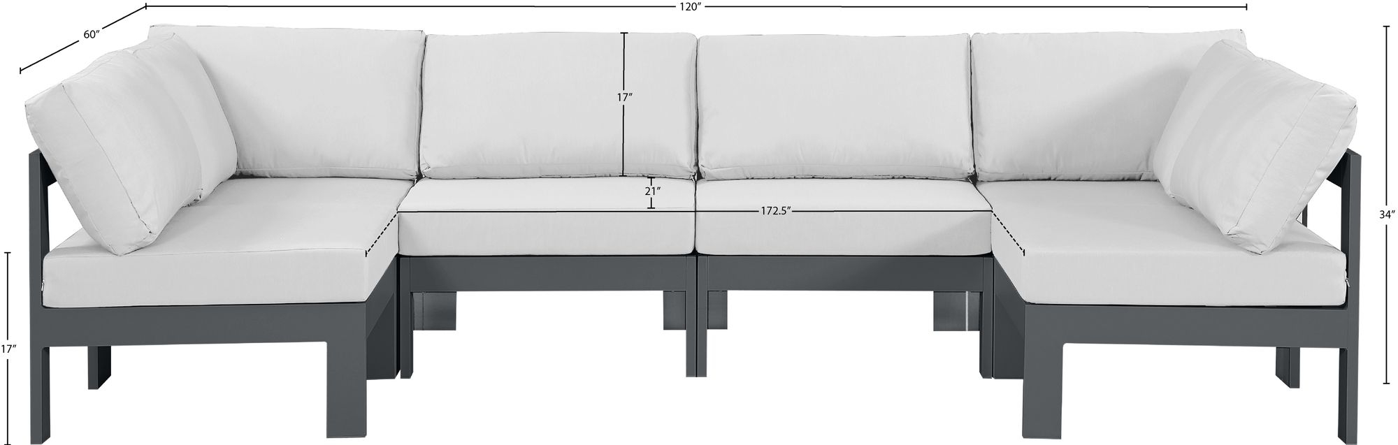 Nizuc 120" 6-Piece Outdoor Patio Waterproof Fabric Modular U-Shape Sectional with Aluminum Frame