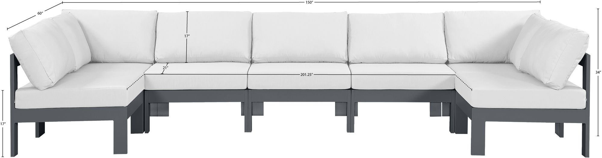 Nizuc 150" 7-Piece Outdoor Patio Waterproof Fabric Modular U-Shape Sectional with Dark Grey Aluminum Frame