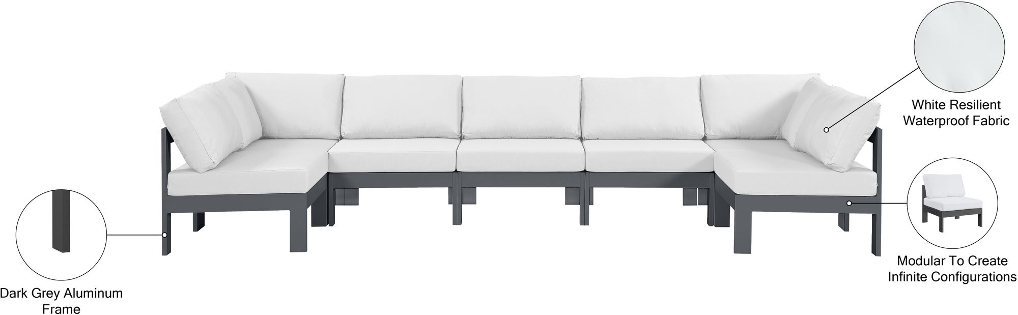 Nizuc 150" 7-Piece Outdoor Patio Waterproof Fabric Modular U-Shape Sectional with Dark Grey Aluminum Frame