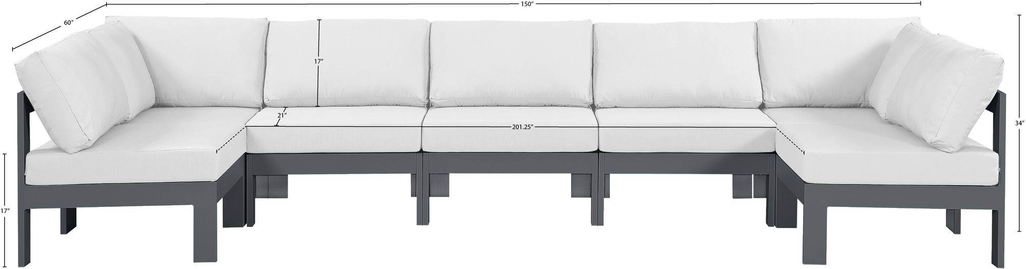 Nizuc 150" 7-Piece Outdoor Patio Waterproof Fabric Modular U-Shape Sectional with Aluminum Frame
