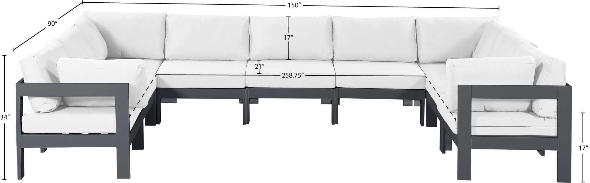 Nizuc 150" 9-Piece Outdoor Patio Waterproof Fabric Modular U-Shape Sectional with Dark Grey Aluminum Frame