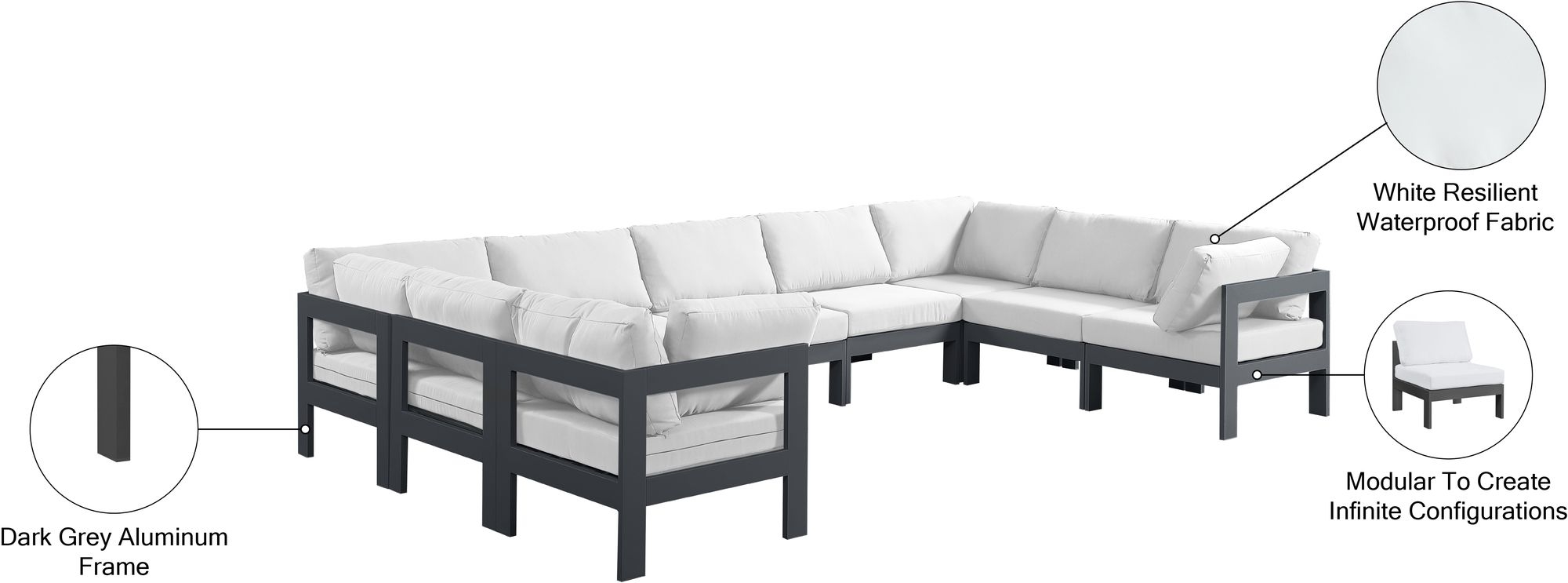 Nizuc 150" 9-Piece Outdoor Patio Waterproof Fabric Modular U-Shape Sectional with Aluminum Frame