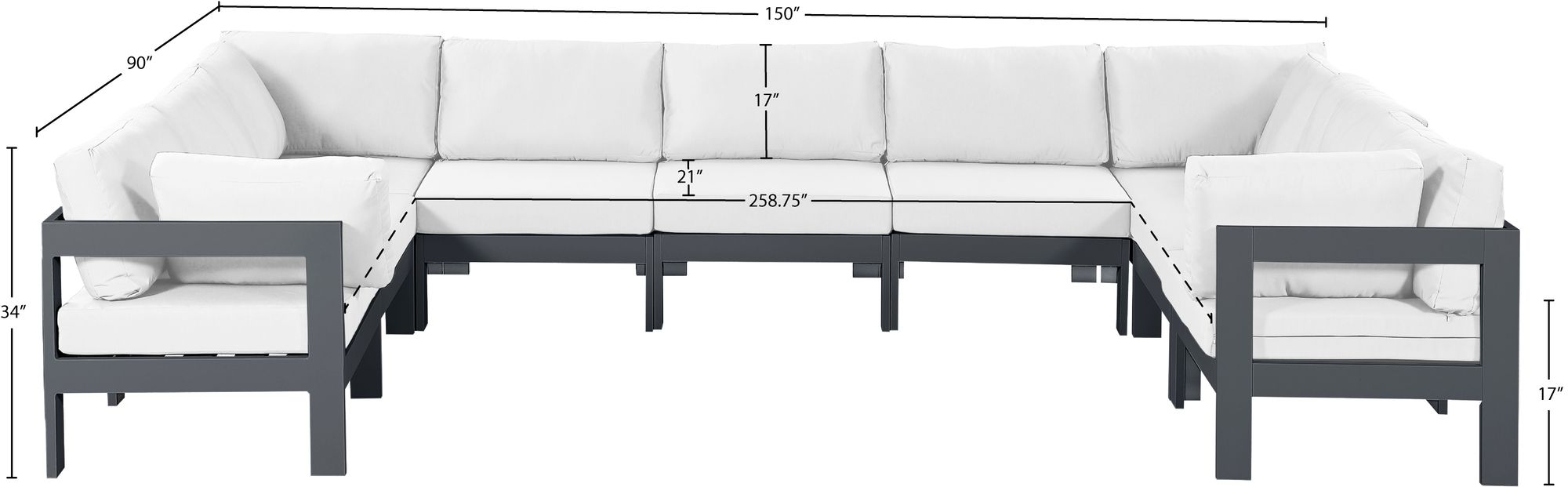 Nizuc 150" 9-Piece Outdoor Patio Waterproof Fabric Modular U-Shape Sectional with Aluminum Frame