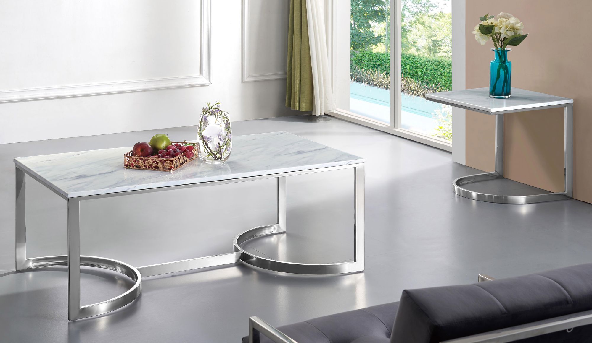 Copley 48" Rectangular Stone Coffee Table with Chrome Stainless Steel Base