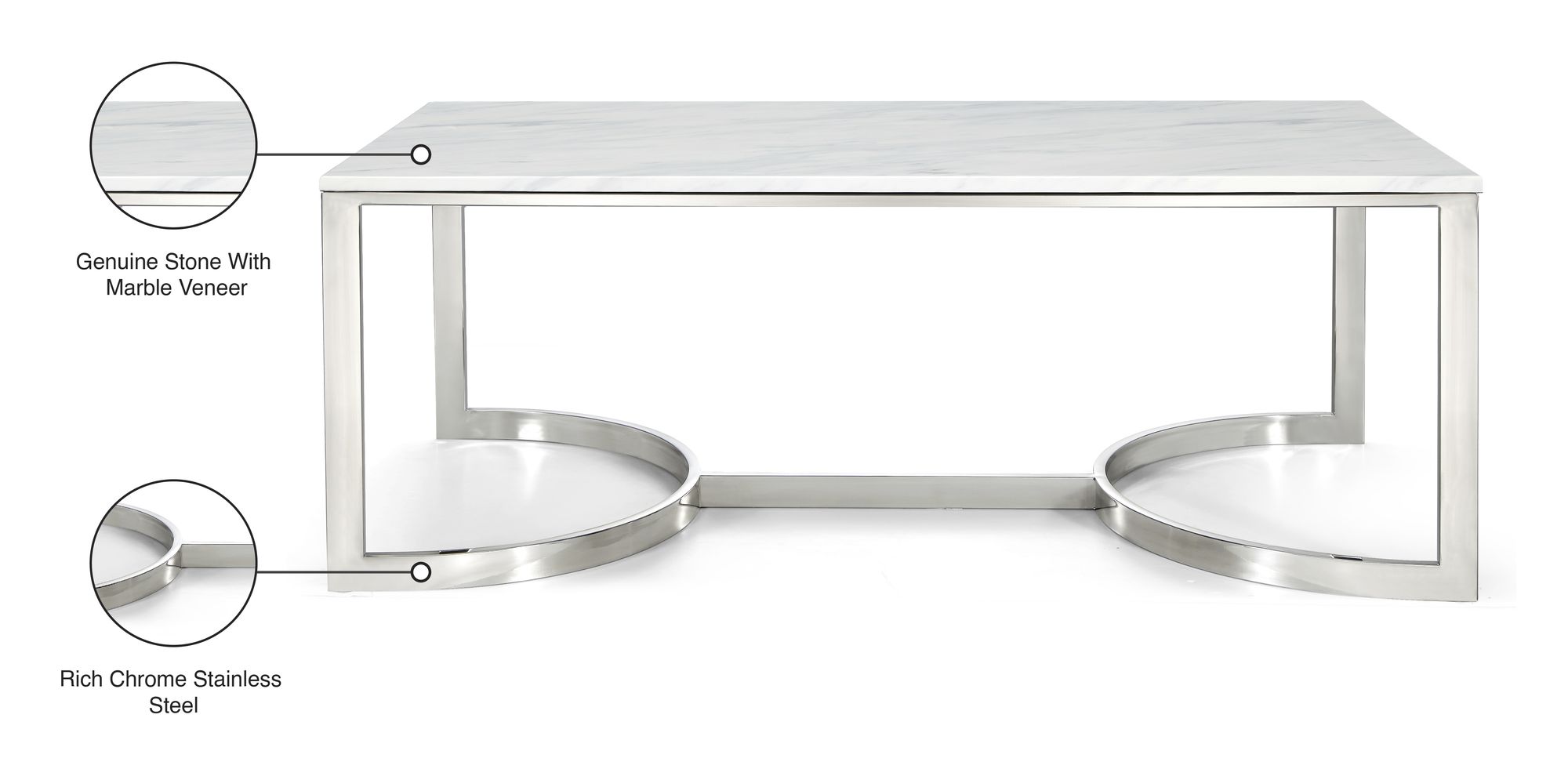 Copley 48" Rectangular Stone Coffee Table with Chrome Stainless Steel Base