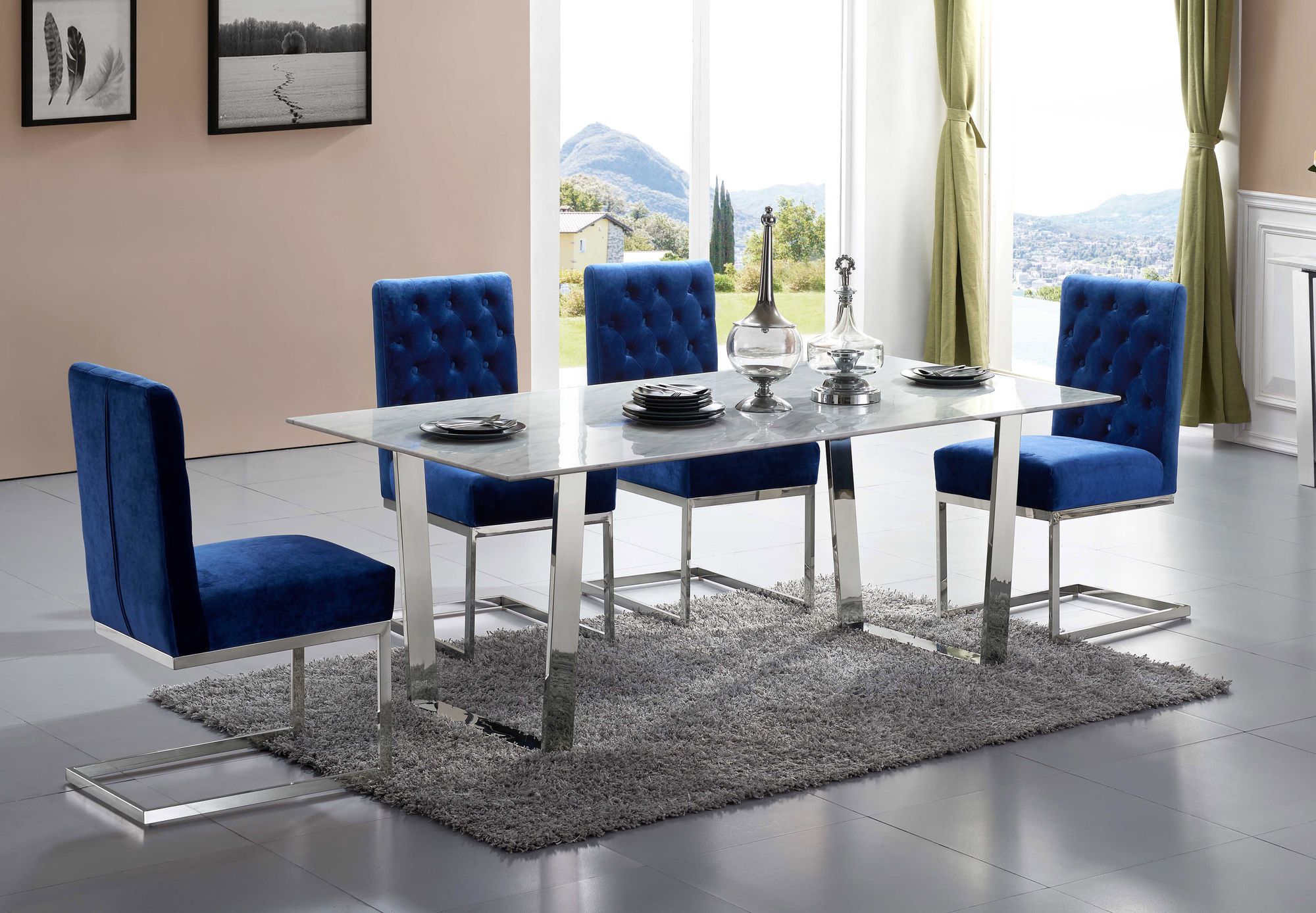 Carlton 78" Rectangular Genuine Stone Dining Table with Chrome Stainless Steel Base