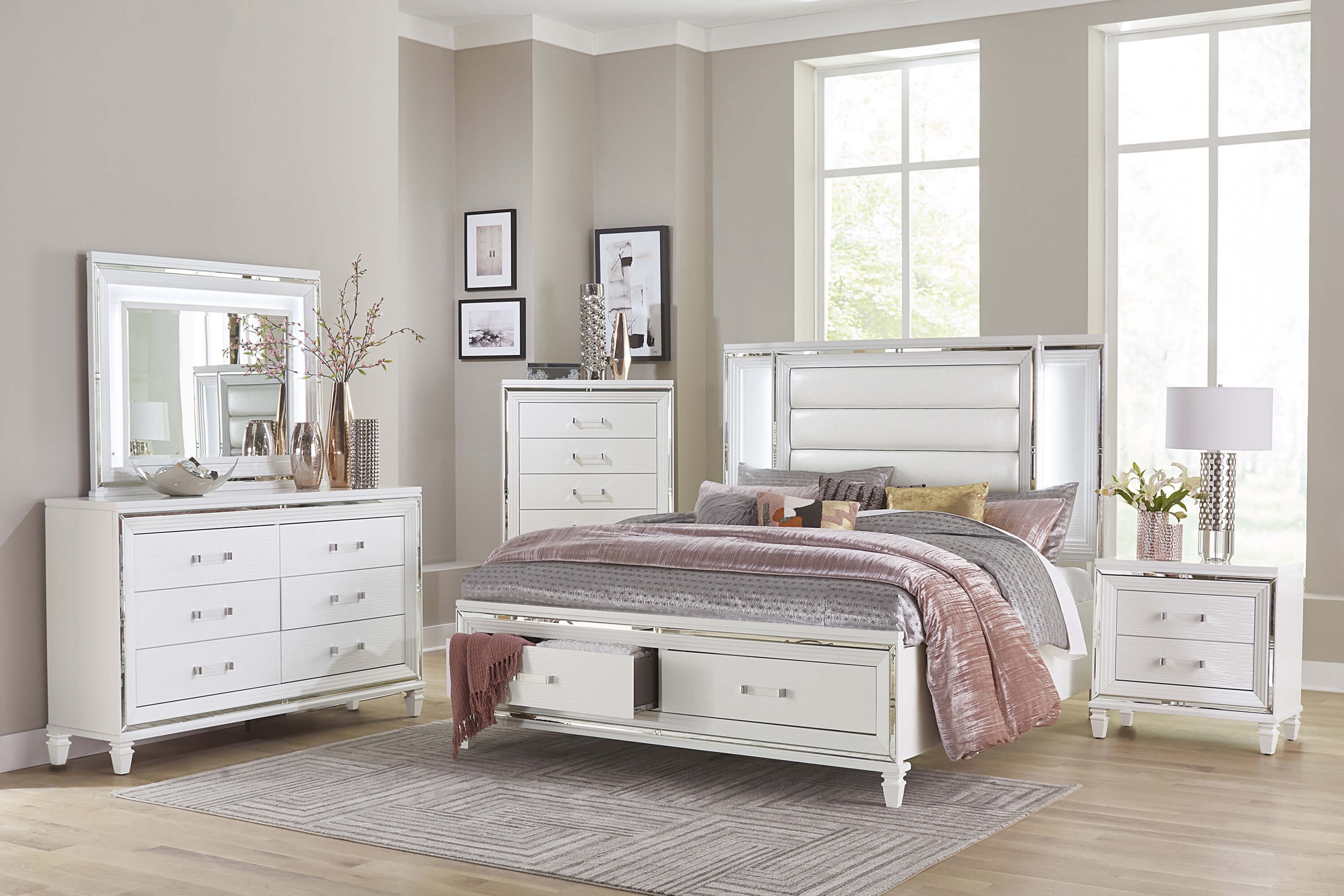 Tamsin Leatherette Storage Platform Bed with LED Lighting, Queen Size
