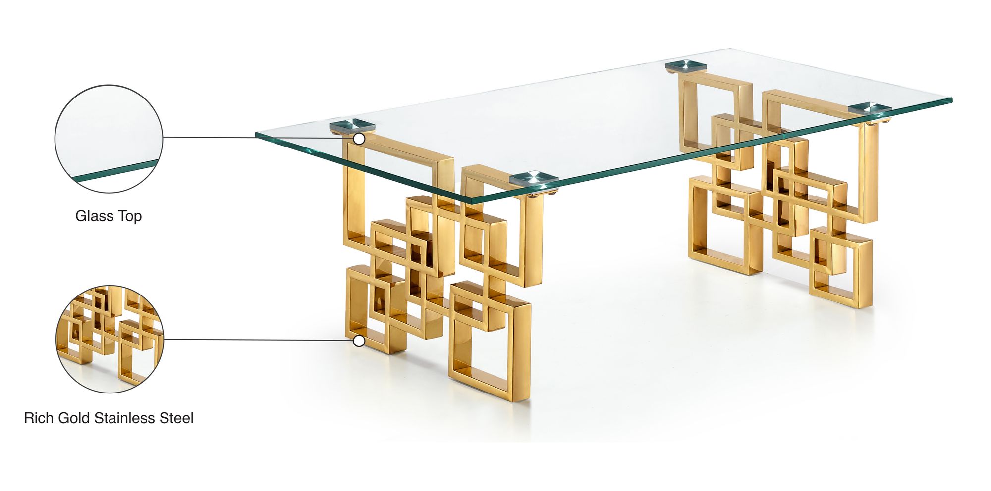 Pierre 48" Rectangular Glass Coffee Table with Gold Stainless Steel Base