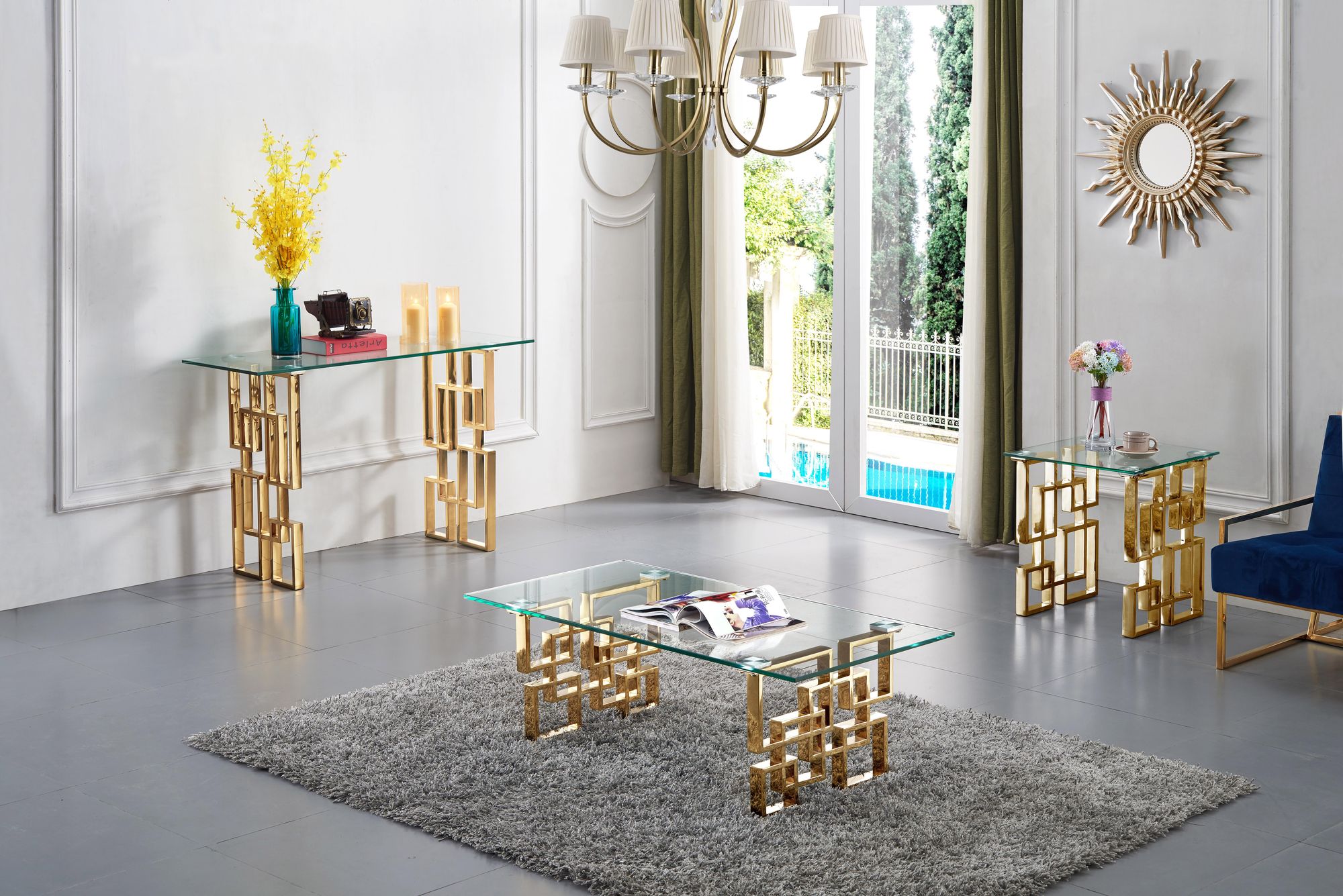 Pierre 48" Rectangular Glass Console Table with Gold Stainless Steel Base