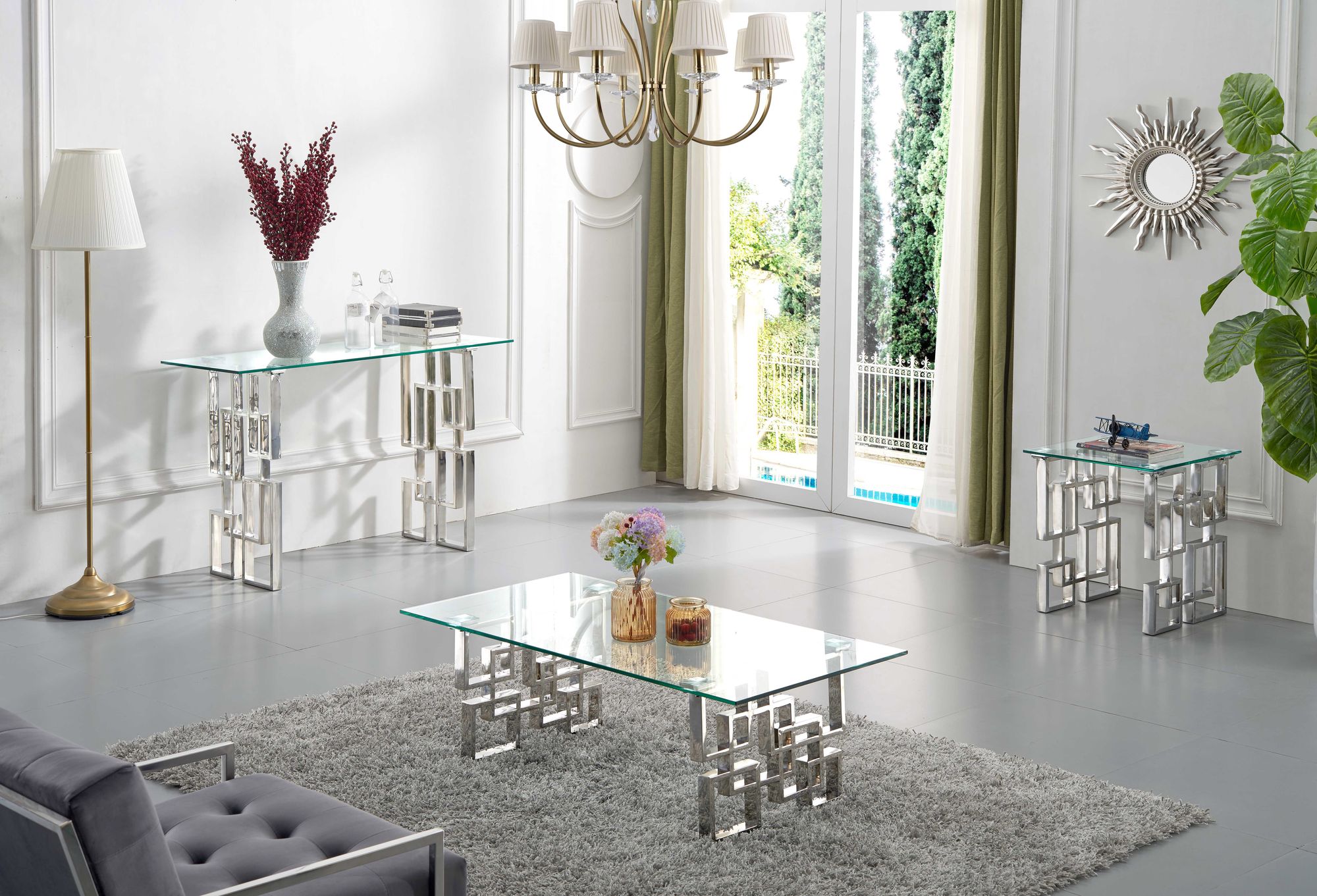 Alexis 20" Square Glass Coffee Table with Chrome Stainless Steel Base