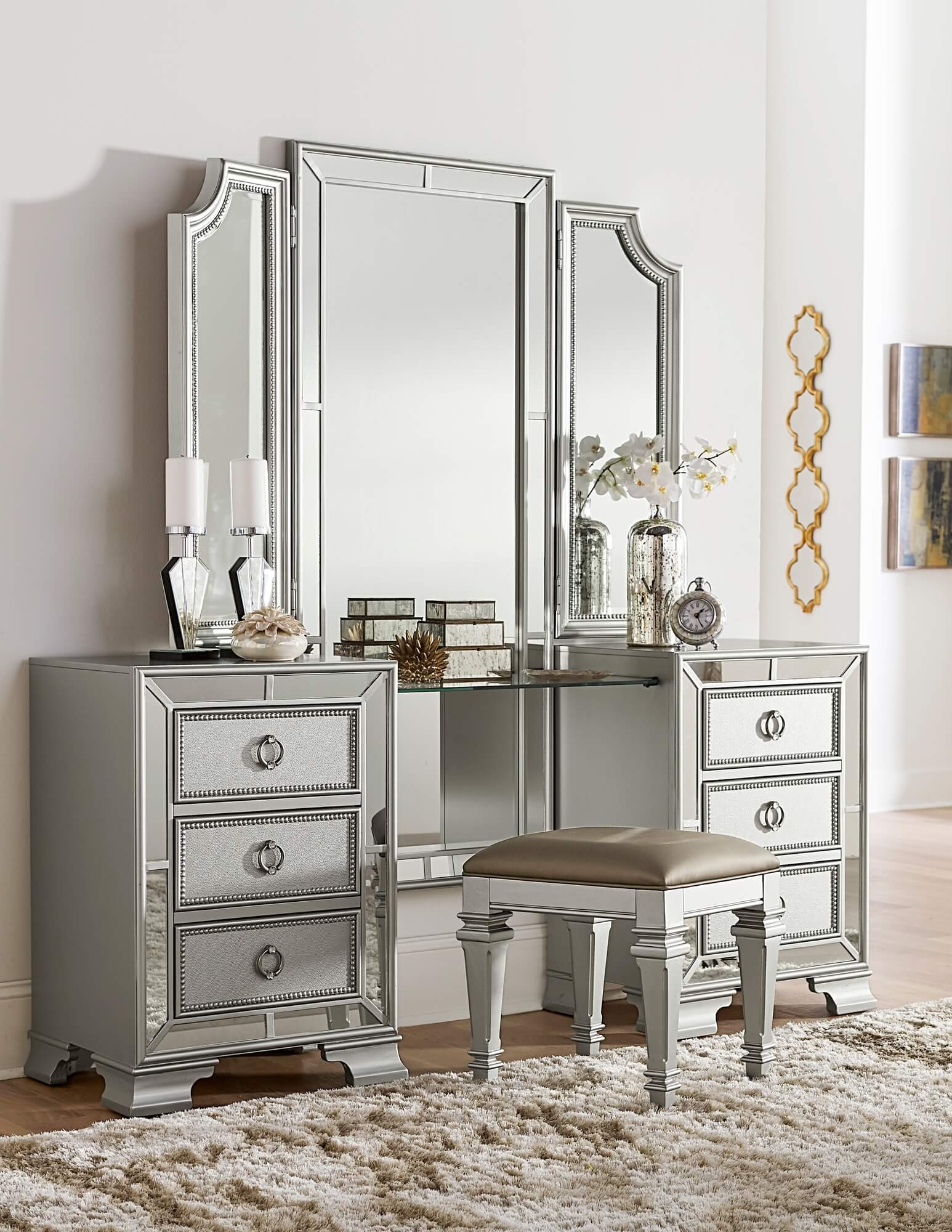 Avondale Wood/Wood Veneer/Mirrored Vanity Dresser w/ Mirror