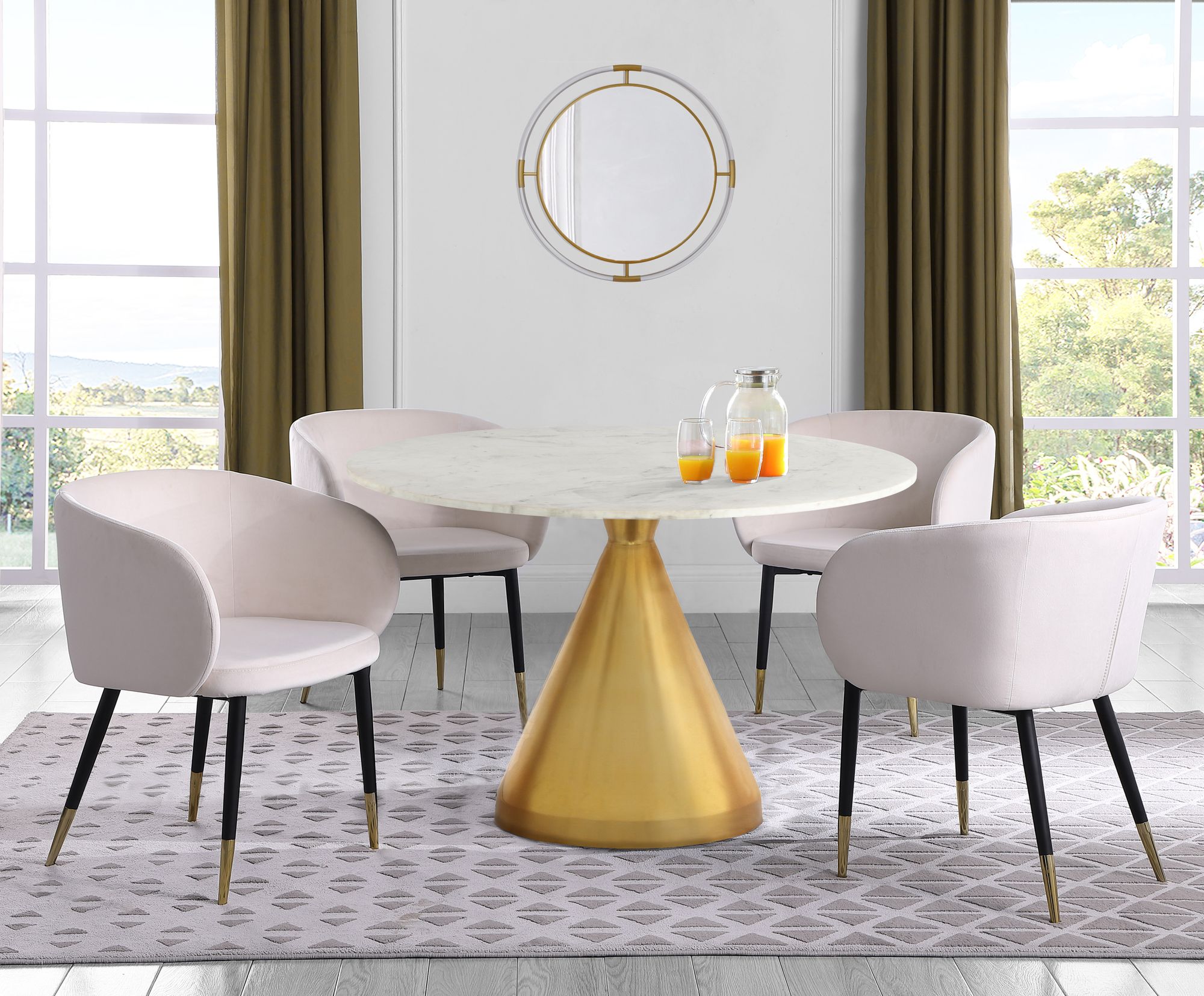 Emery 48" Round Marble Dining Table with Gold Silver Stainless Steel Base