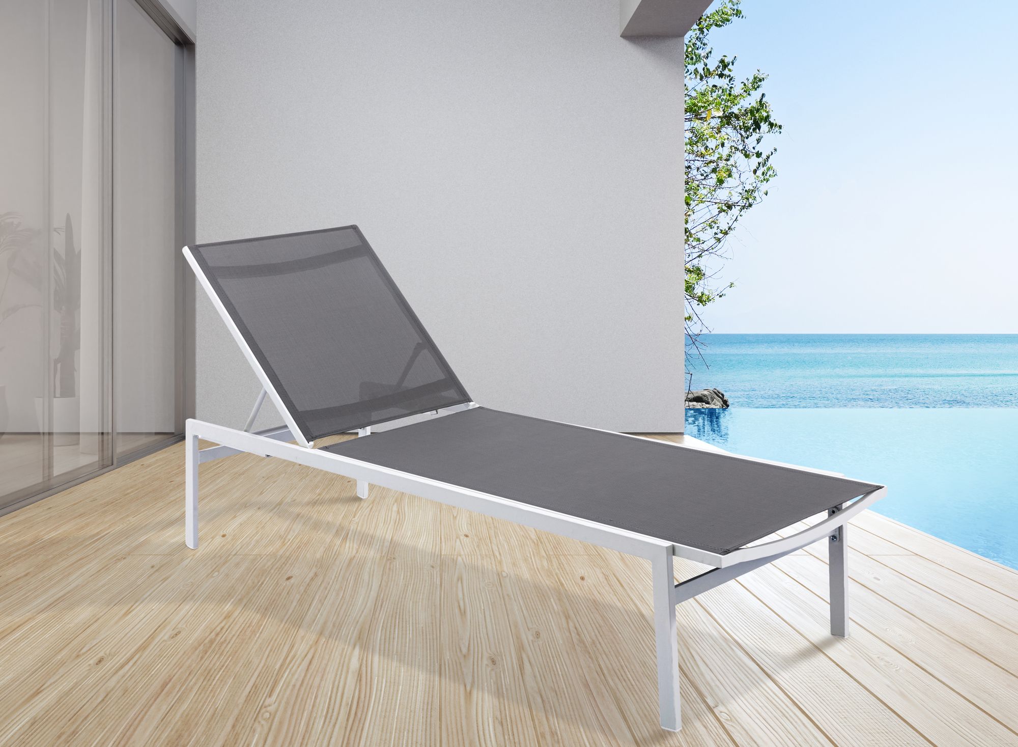 Santorini Outdoor Patio Mesh Waterproof Fabric Chaise Lounge Chair with White Aluminum Frame