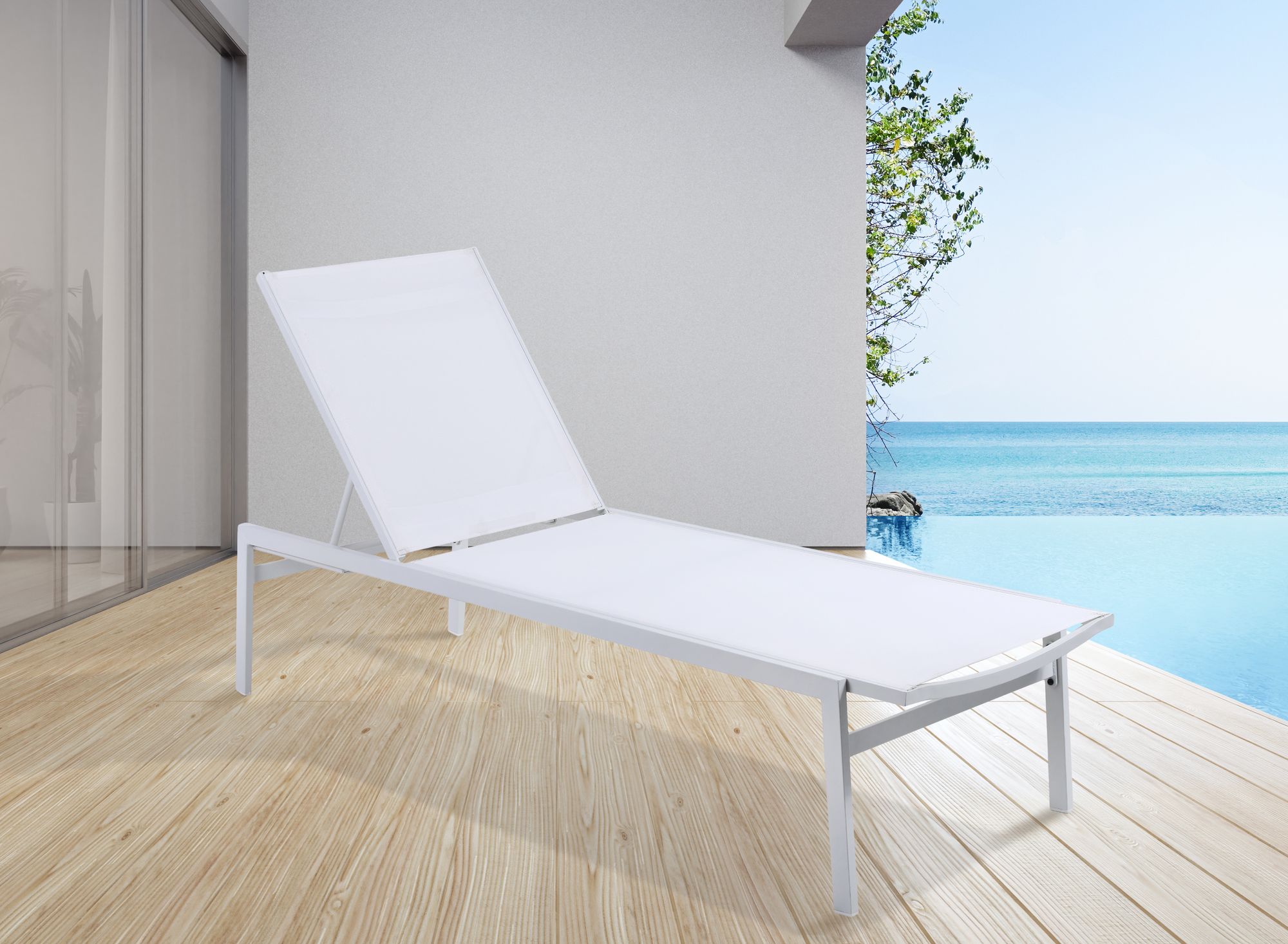 Santorini Outdoor Patio Mesh Waterproof Fabric Chaise Lounge Chair with White Aluminum Frame